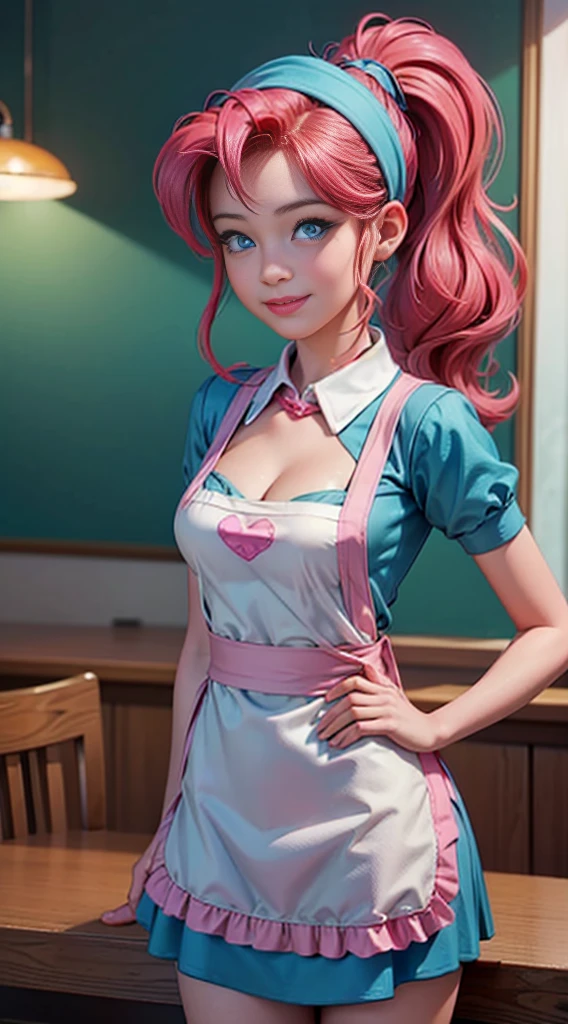 ((best quality)), ((highly detailed)), masterpiece, (detailed eyes, deep eyes), (1girl), dynamic angle, cowboy shot, mlppinkiepie, woman, gleeful smile, looking at viewer, ((big curly bright pink hair)), ((blue eyes)), ((side swept bangs)), ((low tied ponytail)), (((waitress uniform))), cleavage, (indoor diner), light green skirt, apron, short skirt, collared shirt, woman, sexy, rosy cheeks, medium breasts, realistic proportions, unbuttoned white blouse, holding a plate, (((apron))), short puffy sleeves, headband, hand on hip, low cut blouse,