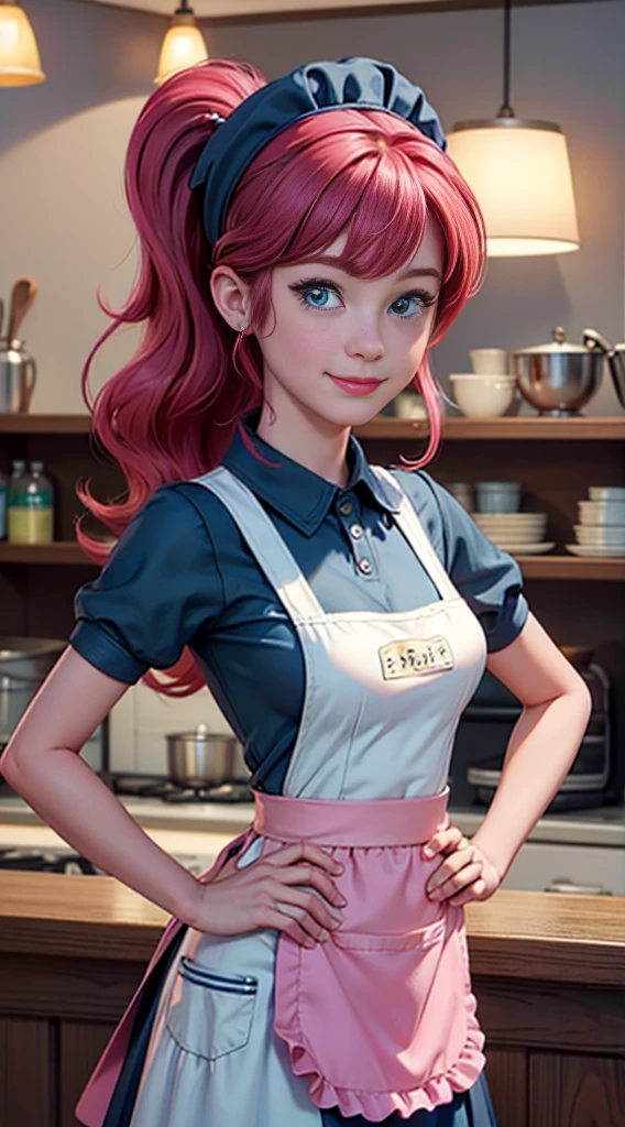 ((best quality)), ((highly detailed)), masterpiece, (detailed eyes, deep eyes), (1girl), dynamic angle, cowboy shot, mlppinkiepie, woman, gleeful smile, looking at viewer, ((big curly bright pink hair)), ((blue eyes)), ((side swept bangs)), ((low tied ponytail)), (((waitress uniform))), cleavage, (indoor diner), light green skirt, apron, short skirt, collared shirt, woman, sexy, rosy cheeks, medium breasts, realistic proportions, unbuttoned white blouse, holding a plate, (((apron))), short puffy sleeves, headband, hand on hip, low cut blouse,