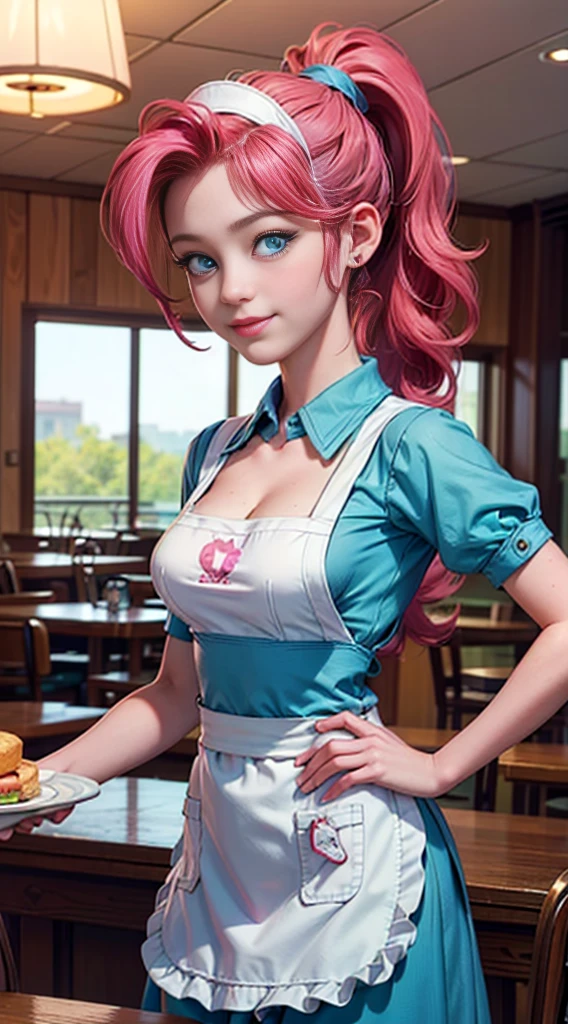 ((best quality)), ((highly detailed)), masterpiece, (detailed eyes, deep eyes), (1girl), dynamic angle, cowboy shot, mlppinkiepie, woman, gleeful smile, looking at viewer, ((big curly bright pink hair)), ((blue eyes)), ((side swept bangs)), ((low tied ponytail)), (((waitress uniform))), cleavage, (indoor diner), light green skirt, apron, short skirt, collared shirt, woman, sexy, rosy cheeks, medium breasts, realistic proportions, unbuttoned white blouse, holding a plate, (((apron))), short puffy sleeves, headband, hand on hip, low cut blouse,