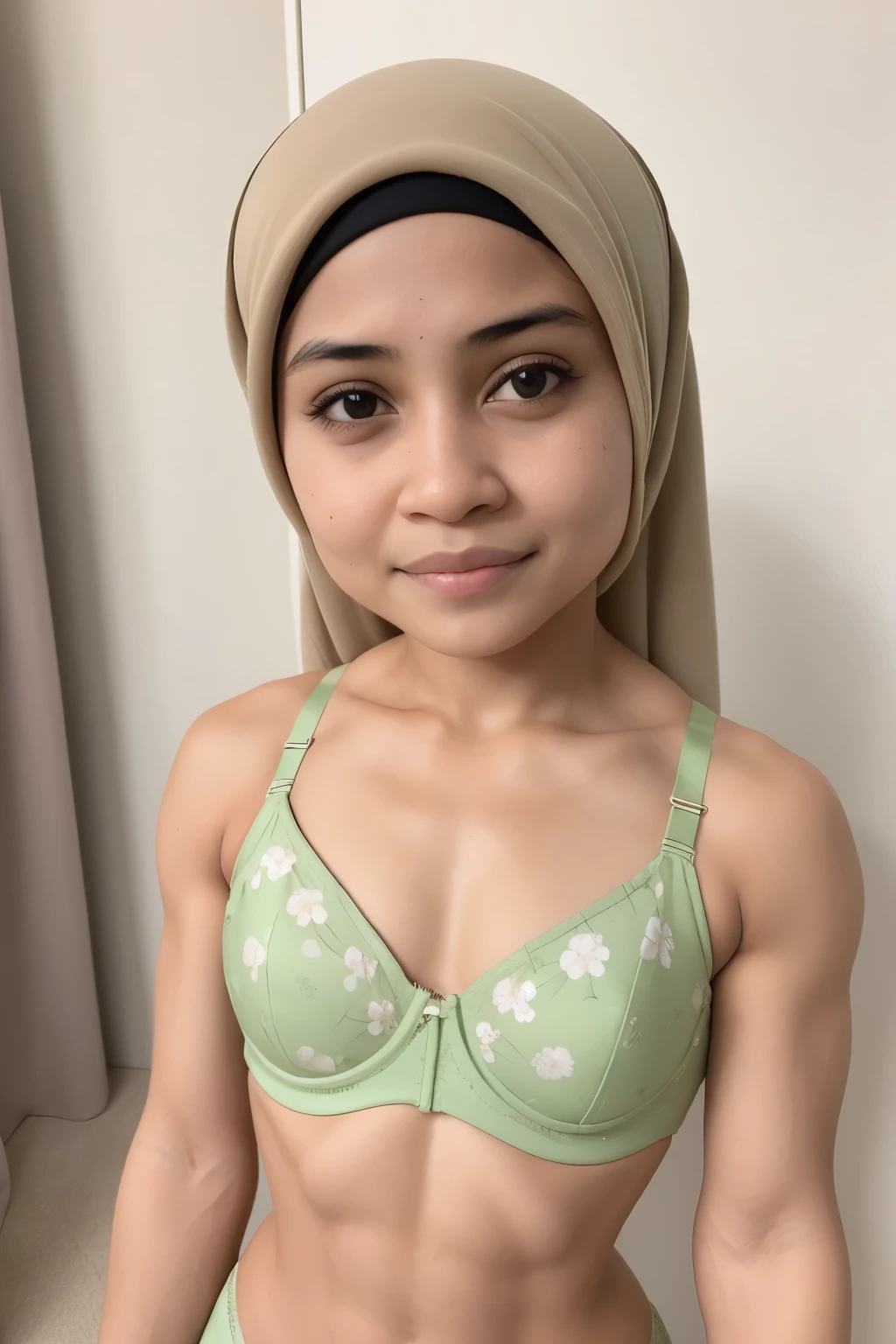 A woman in a green bikini top and hijab posing for a picture - SeaArt AI