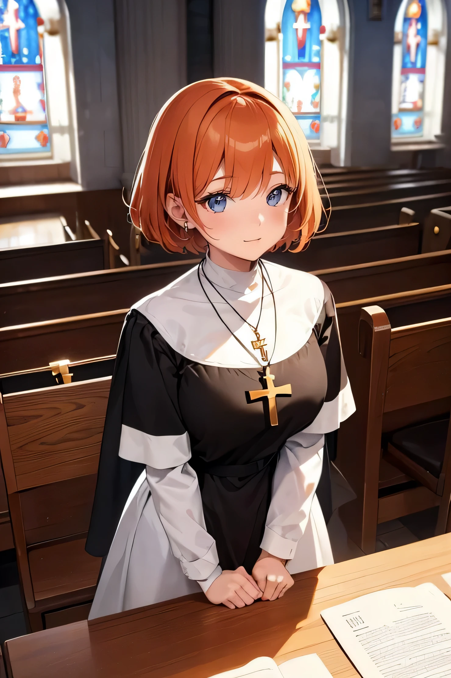 Ginger hair, short hair, straight bangs, nun uniform, woman, illustrations, high-quality, ultra-detailed, realistic, vivid colors, portraits, warm tones, soft lighting. ((Necklace with a cross)). Woman. Full body (Church) (Dinamyc poses) ((Different perspectives))