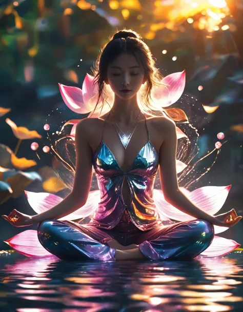 1girl，beautiful，blingbling，Motion blurred，triangle，Movie-level lighting effects，lotus pose,  on the water, reflection