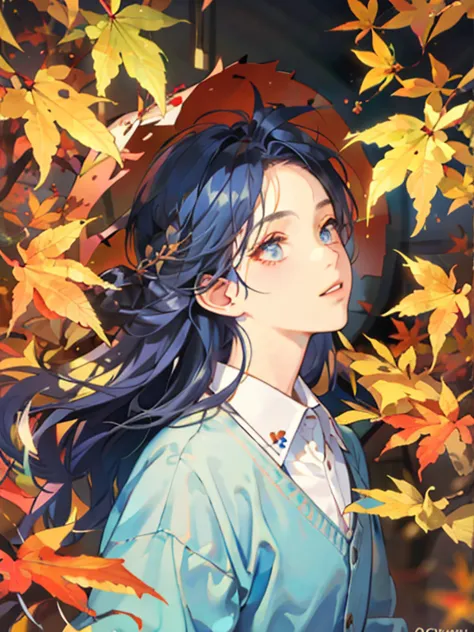 (((masterpiece))),highest quality, autumn, 1 person ,dark blue hair ,