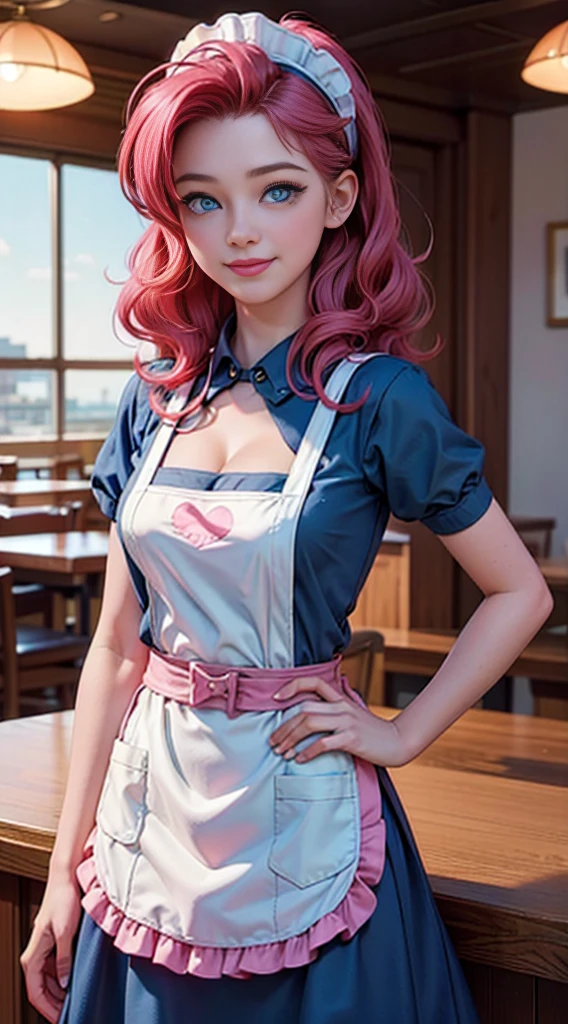 ((best quality)), ((highly detailed)), masterpiece, (detailed eyes, deep eyes), (1girl), dynamic angle, cowboy shot, mlppinkiepie, woman, gleeful smile, looking at viewer, ((big curly bright pink hair)), ((blue eyes)), (((waitress uniform))), cleavage, (indoor diner), light blue skirt, apron, short skirt, collared shirt, woman, sexy, rosy cheeks, medium breasts, realistic proportions, unbuttoned white blouse, holding a plate, (((apron))), short puffy sleeves, headband, hand on hip, low cut blouse,