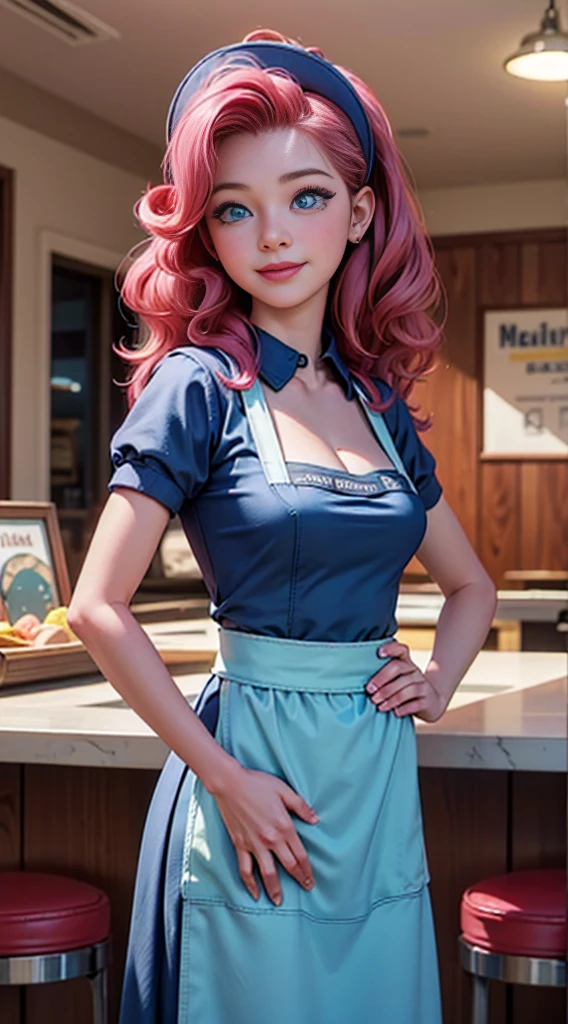 ((best quality)), ((highly detailed)), masterpiece, (detailed eyes, deep eyes), (1girl), dynamic angle, cowboy shot, mlppinkiepie, woman, gleeful smile, looking at viewer, ((big curly bright pink hair)), ((blue eyes)), (((waitress uniform))), cleavage, (indoor diner), light blue skirt, apron, short skirt, collared shirt, woman, sexy, rosy cheeks, medium breasts, realistic proportions, unbuttoned white blouse, holding a plate, (((apron))), short puffy sleeves, headband, hand on hip, low cut blouse,