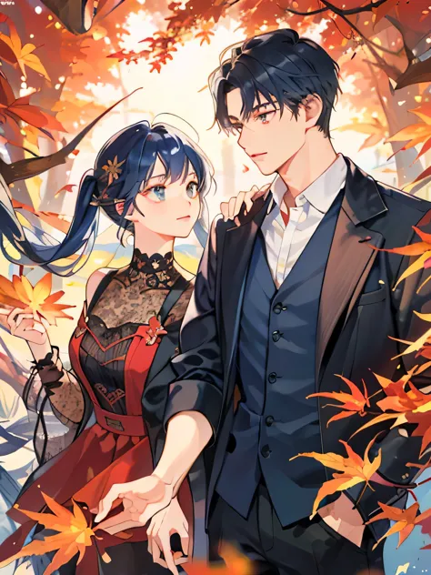 (((masterpiece))),highest quality, autumn,couple,1 adult male ,1 adult female,dark blue hair ,