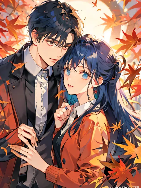 (((masterpiece))),highest quality, autumn,couple,1 adult male ,1 adult female,dark blue hair ,