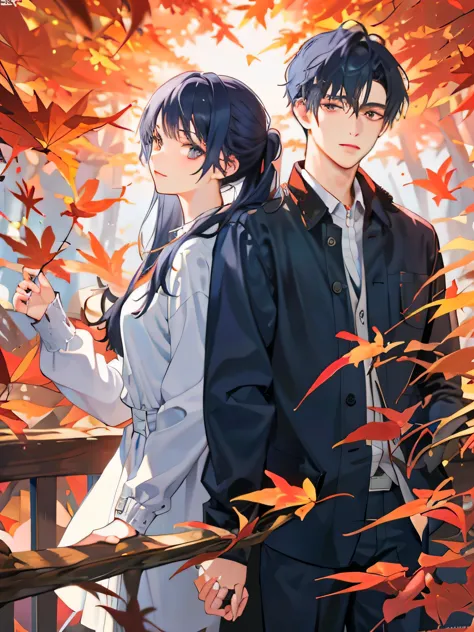 (((masterpiece))),highest quality, autumn,couple,1 adult male ,1 adult female,dark blue hair ,