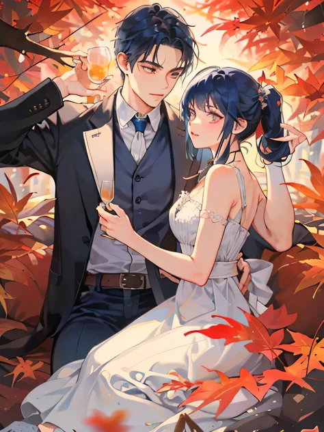 (((masterpiece))),highest quality, autumn,couple,1 adult male ,1 adult female,dark blue hair ,