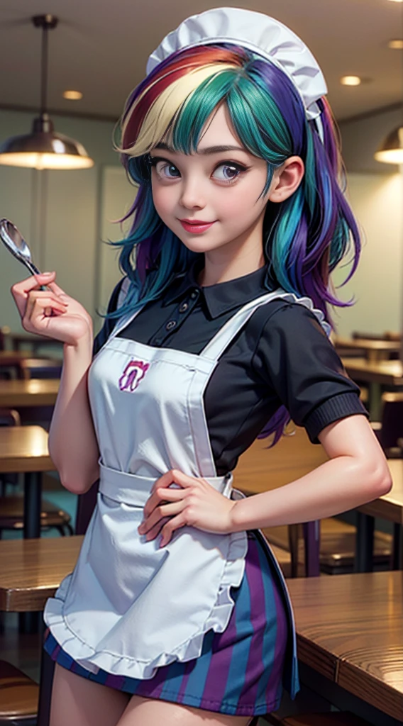 ((best quality)), ((highly detailed)), masterpiece, (detailed eyes, deep eyes), (1girl), dynamic angle, cowboy shot, mlprainbowdash, woman, gleeful smile, looking at viewer, ((medium length multicolored rainbow striped colored hair)), ((purple eyes)), (((waitress uniform))), cleavage, (indoor diner), light blue skirt, apron, short skirt, collared shirt, woman, sexy, rosy cheeks, medium breasts, realistic proportions, unbuttoned white blouse, holding a plate, (((apron))), short puffy sleeves, headband, hand on hip, low cut blouse,