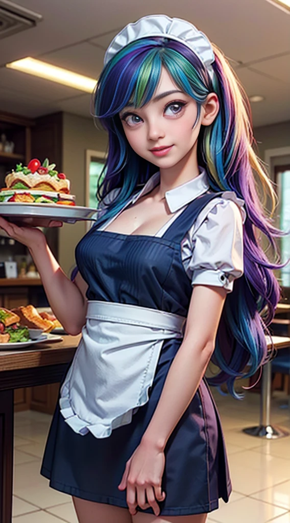 ((best quality)), ((highly detailed)), masterpiece, (detailed eyes, deep eyes), (1girl), dynamic angle, cowboy shot, mlprainbowdash, woman, gleeful smile, looking at viewer, ((medium length multicolored rainbow striped colored hair)), ((purple eyes)), (((waitress uniform))), cleavage, (indoor diner), light blue skirt, apron, short skirt, collared shirt, woman, sexy, rosy cheeks, medium breasts, realistic proportions, unbuttoned white blouse, holding a plate, (((apron))), short puffy sleeves, headband, hand on hip, low cut blouse,