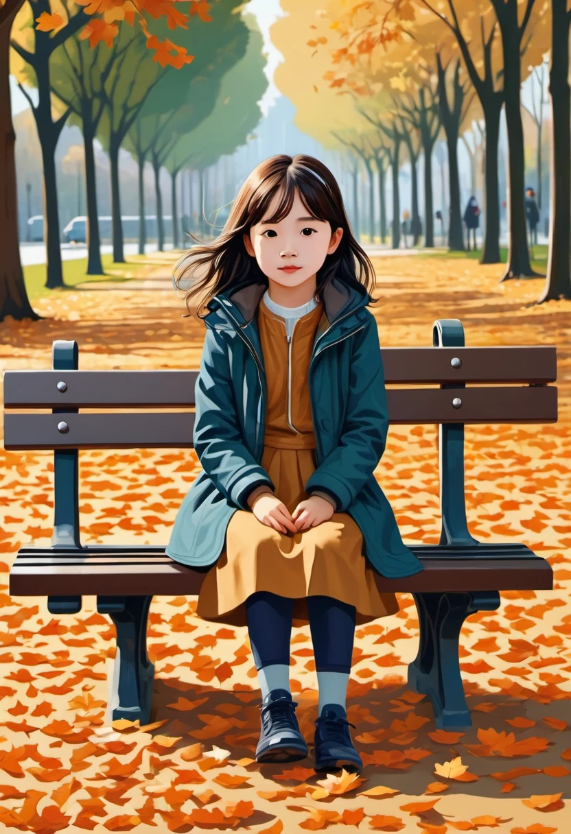 （（（vector illustration））），Flat coating，（（Celluloid style）），（children illustration），Front view，Fallen Leaves，girl on a park bench，（（minimalist art）），8k，masterpiece，Rich details