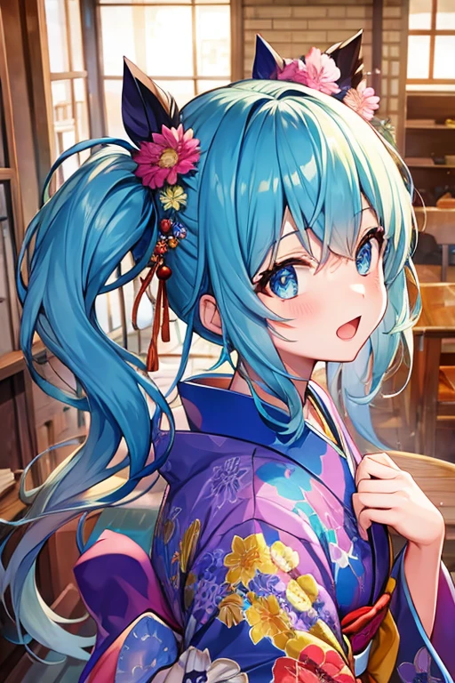 masterpiece、Best image quality、超A high resolution、miku hatsune、Blue Hair、Twin tails、Blushing、Be in heat、mock、Open your mouth just a little、Short kimono、Shapely thighs、Kyoto、Japan、night