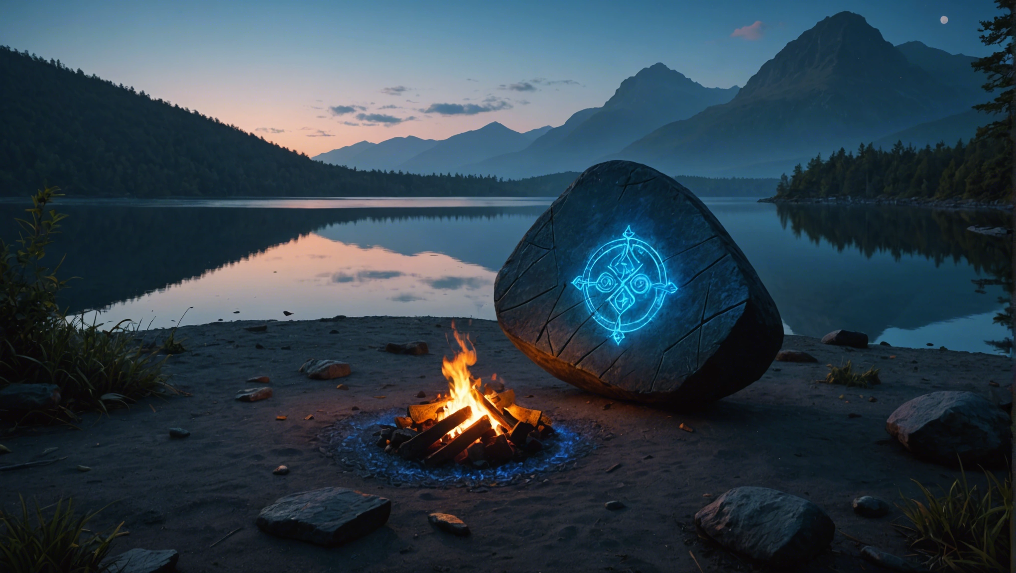 篝火的火光映照在夜澜石上，使得蓝色符文更加熠熠生辉