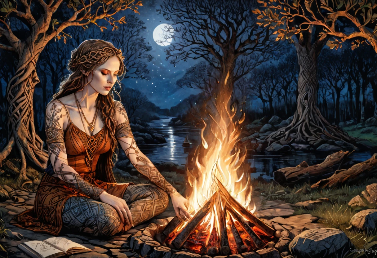 Double exposure Beltane campfire, Sketch with ink. A beautiful woman In an ancient Celtic Against the background of Folk Irish night campfire dances, mystical Celtic clothes and makeup. Multi exposure. Sacred May Tree, Celtic patterns. References to the work of Philippe Vignal . High Resolution, High Quality, Masterpiece, ultra hd, realistic, vivid colors, highly detailed, UHD drawing, pen and ink, perfect composition, beautiful detailed intricate insanely detailed octane render trending on artstation, 8k artistic photography, photorealistic concept art, soft natural volumetric cinematic perfect light,digital rendering. sharp focus, studio photo, intricate details, highly detailed