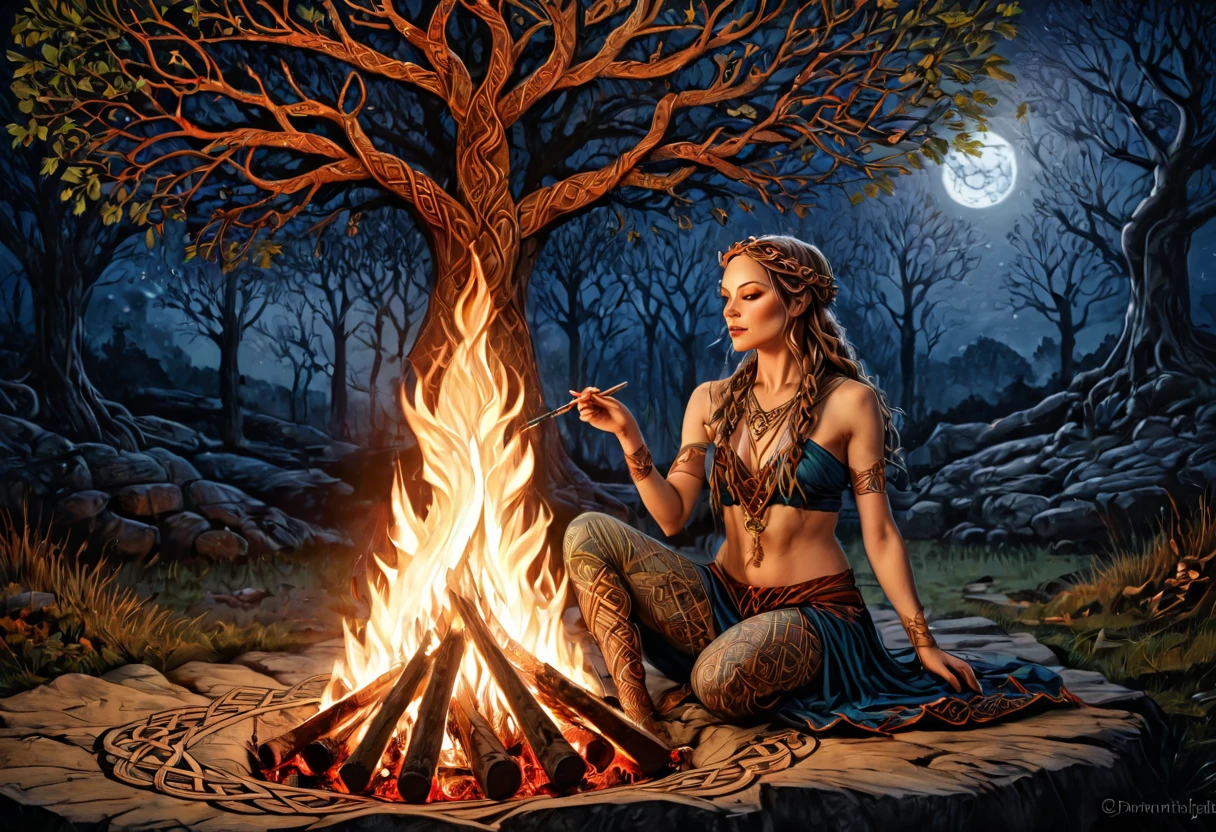 Double exposure Beltane campfire, Sketch with ink. A beautiful woman In an ancient Celtic Against the background of Folk Irish night campfire dances, mystical Celtic clothes and makeup. Multi exposure. Sacred May Tree, Celtic patterns. References to the work of Philippe Vignal . High Resolution, High Quality, Masterpiece, ultra hd, realistic, vivid colors, highly detailed, UHD drawing, pen and ink, perfect composition, beautiful detailed intricate insanely detailed octane render trending on artstation, 8k artistic photography, photorealistic concept art, soft natural volumetric cinematic perfect light,digital rendering. sharp focus, studio photo, intricate details, highly detailed