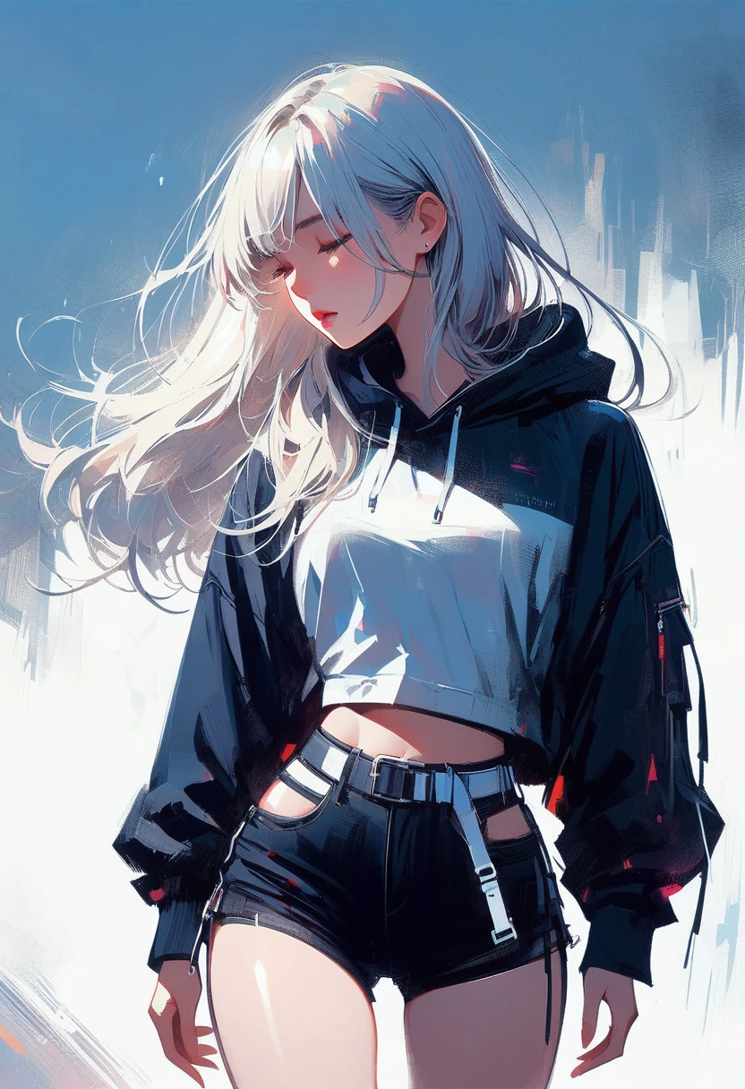 (best quality,highres),white-haired woman,white shirt,short black hoodie,fit physique,full body,illustration,detailed features,soft lighting,vibrant colors