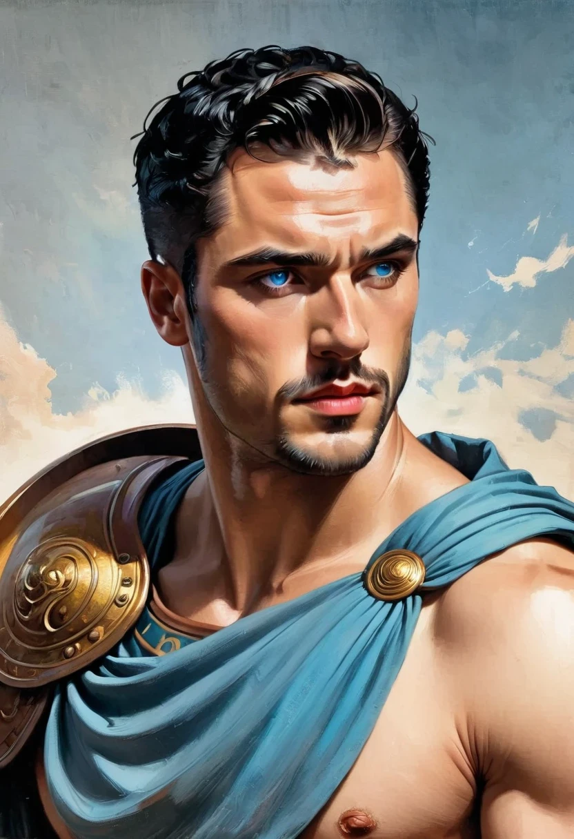 Técnica de claroscuro en la ilustración impresionista de un personaje masculino., 50s male model, guapo romano, el es el dios de la guerra, el es ares, Marte, color malvado, mirada fuerte, ojos azul claro, mandíbula fuerte, vestido de gladiador, ancient gladiator, falda de gladiador masculino, pintura mate, por Harumi Hironaka, colores extremadamente suaves, vibrante, pastel, muy detallado, obra de arte digital, alto contraste, dramático dorado, refinado, tonal, un íntimo, color titánico