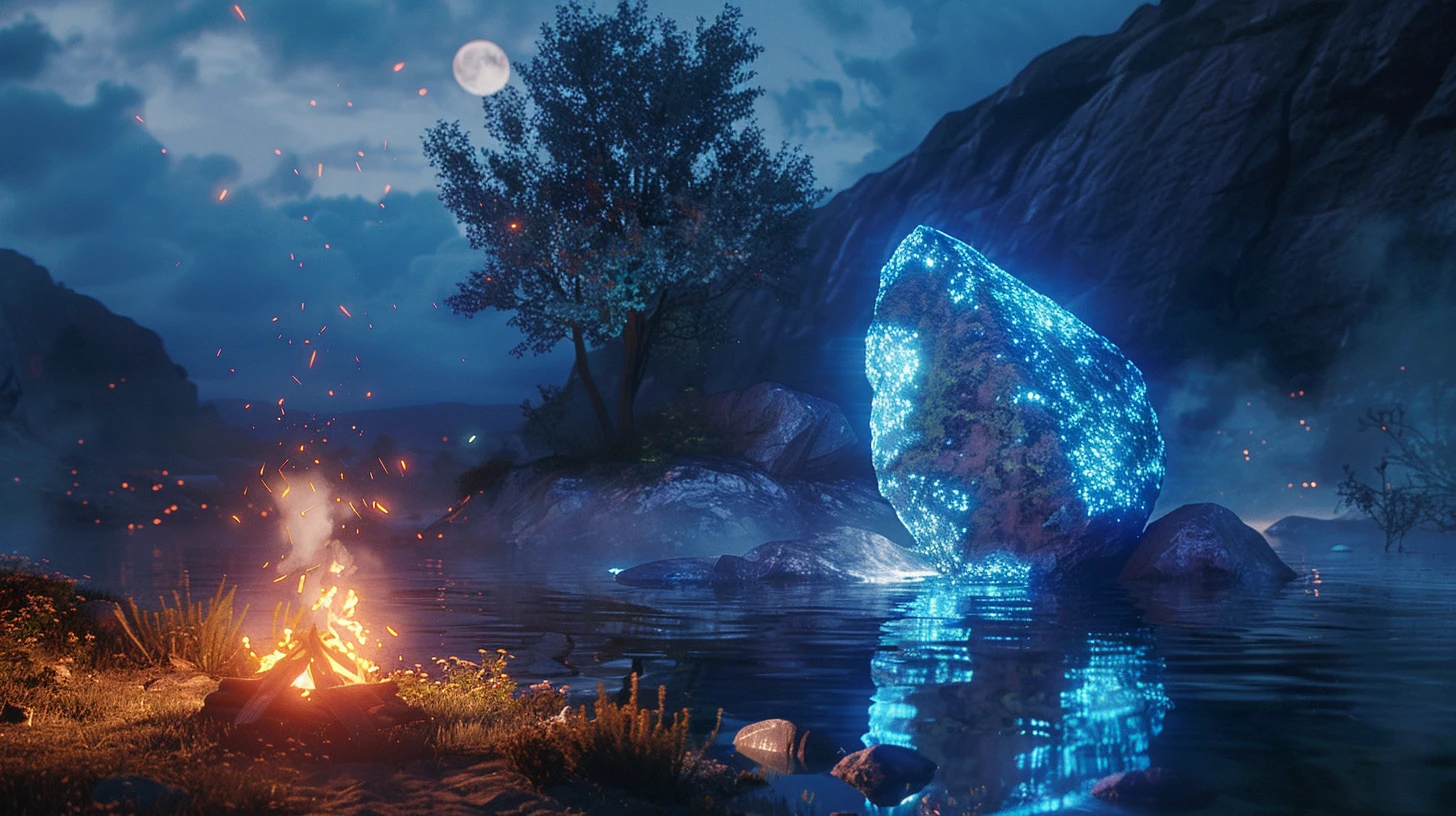 篝火的火光映照在夜澜石上，使得蓝色符文更加熠熠生辉