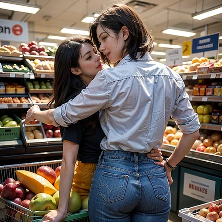 (melhor qualidade, Realistic), A couple enjoying a romantic moment in a crowded supermarket, the wife is wearing jeans and a transparent shirt, curvy while her husband pushes her (encoxada) arrimon, from behind, She bends down to pick up fruit and her husband stands behind her, hug from behind, realistic hands