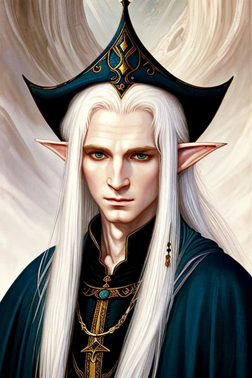 ((best quality)),masterpiece ,detailed, perfect face, painting style, elf, medieval fantasy, White hair, Wizard, Extremely pale skin, Mystic