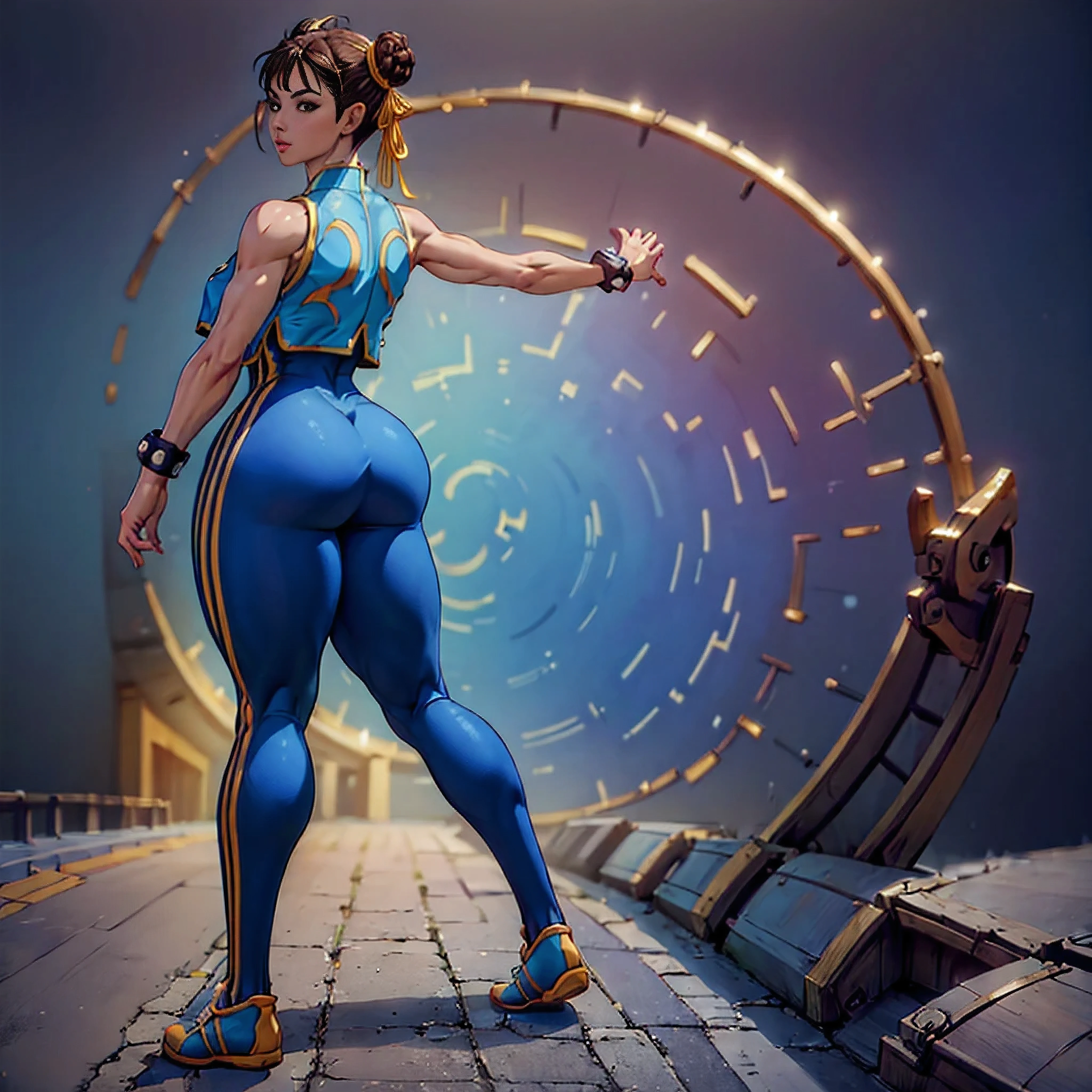 (masterpiece, best quality:1.4), (standing:1.5), 1girl, solo, sfa chun, blue vest, unitard, blue pants, skintight, yellow ribbon, short hair, sneakers, bare shoulders, (european youth  woman:1), looking at viewer, beautifull smile, beautiful face, highly detailed face, highly detailed eyes, subsurface scattering, realistic pupils, full face blush, full lips, detailed background, depth of field, volumetric lighting, sharp focus, absurdres, realistic proportions, (realistic, hyperrealistic:1.4), 16k hdr, from behind, thicc booty, leaning forward, bent over, hands touching floor, touching ground, stretching, sport, lewd