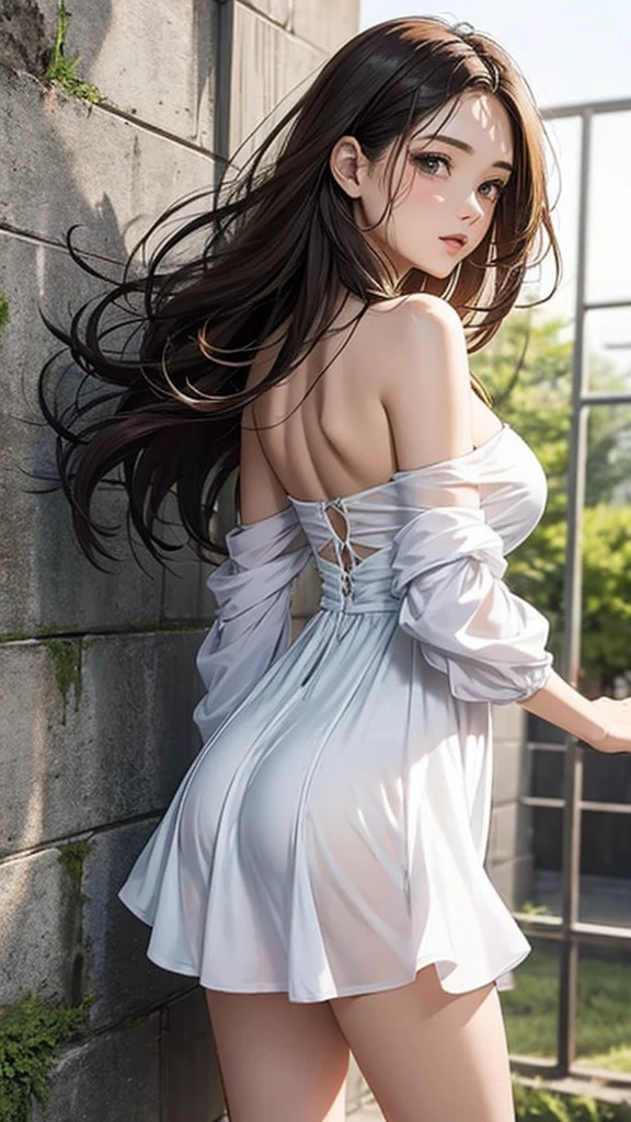 highest quality、4K quality、lean against the wall、Beautiful cleavage、Beautiful Style、tall、Small breasts、Bare buttocks、Small Ass、Shy face、20 year old princess、Bare shouldery skirt is blown up by the wind、ultra detail eye,Shooting from behind、Off-the-shoulder summer dress、Grab the hem of your skirt、nude legs