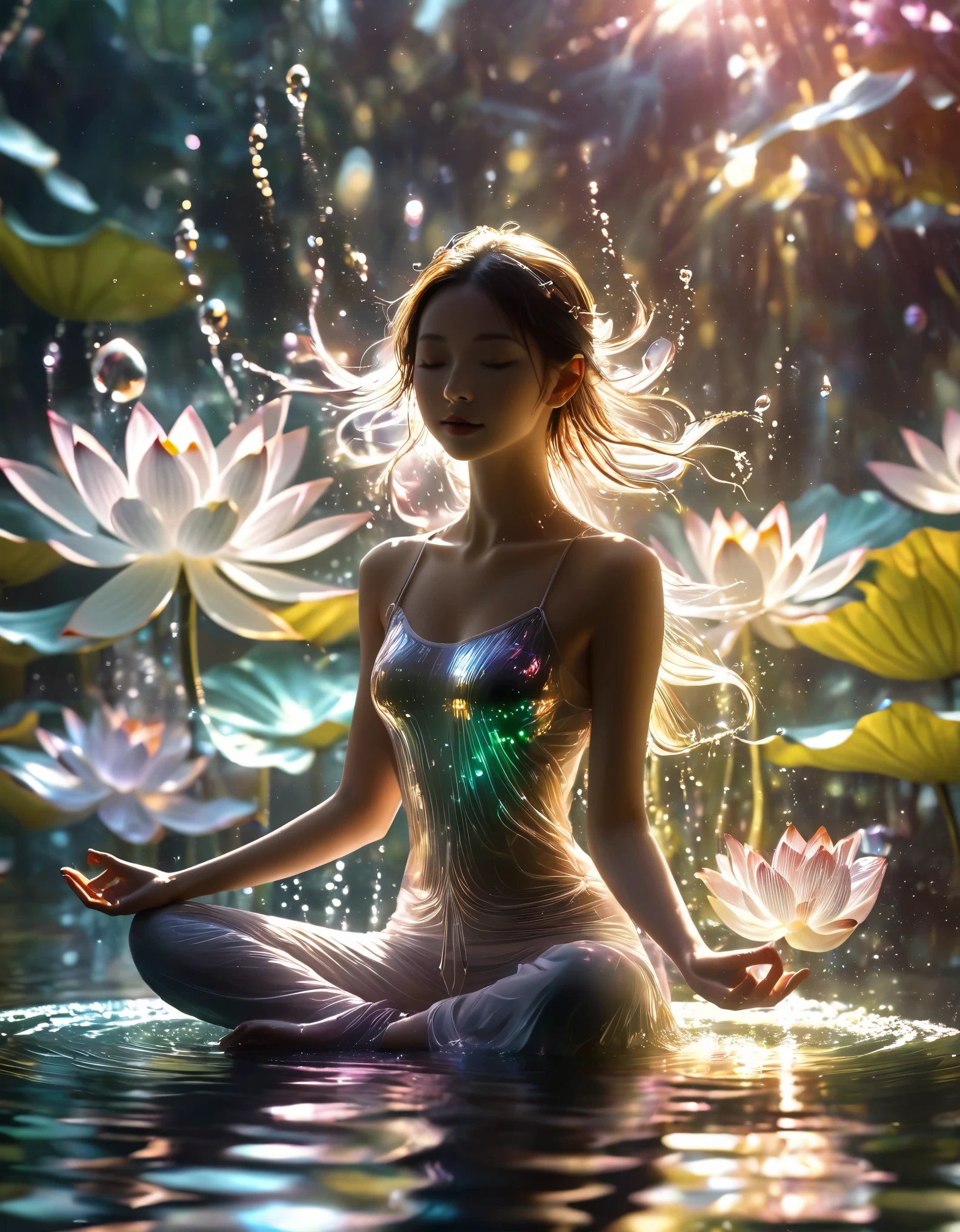 1girl，beautiful，blingbling water，Motion blurred，many many many fractal plants，Movie-level lighting effects，lotus pose,  on the water, reflection,，Glowing Line,Glow Example，Tracking example，flash， Backlight，translucent，light particles