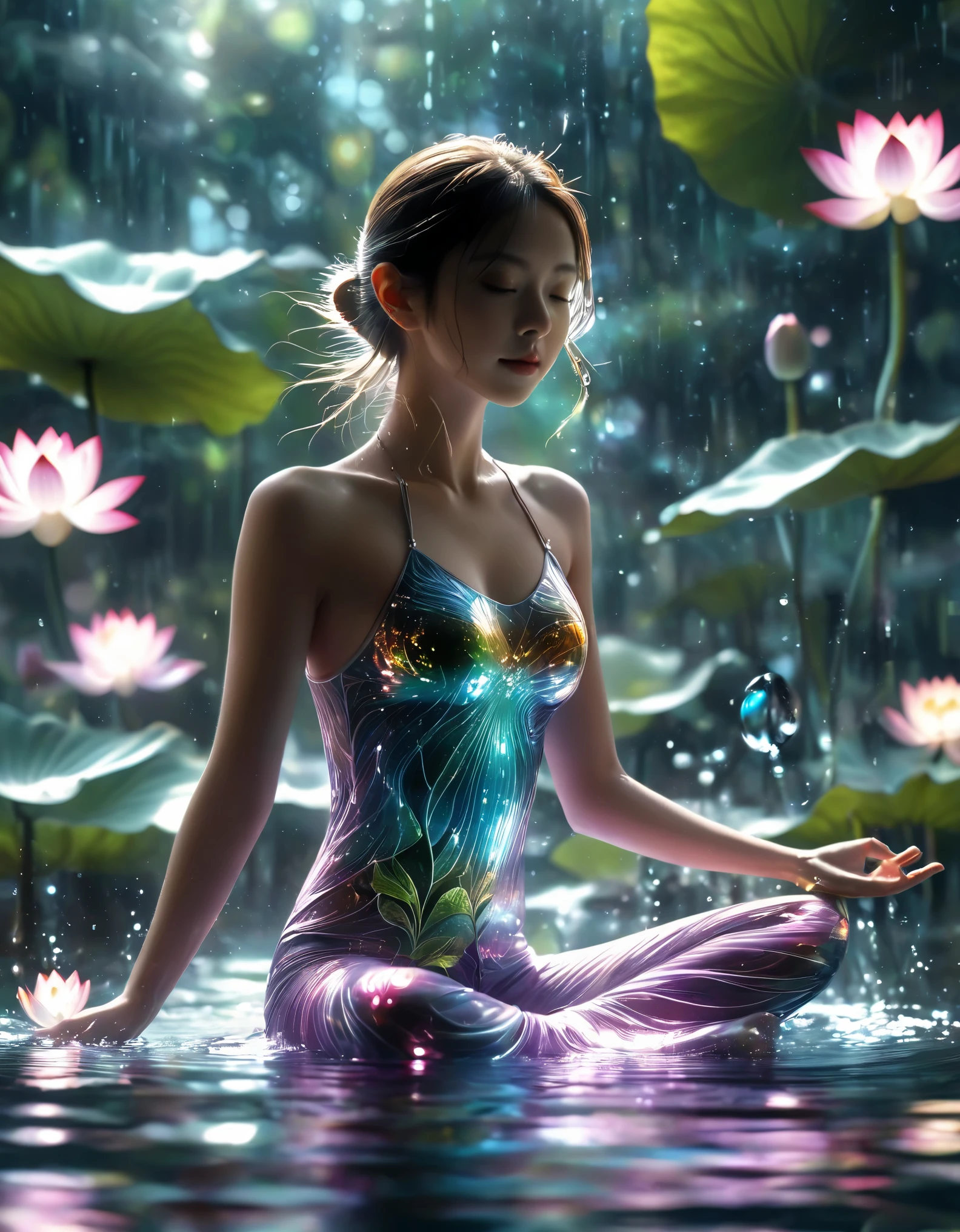 1girl，beautiful，blingbling water，Motion blurred，many many many fractal plants，Movie-level lighting effects，lotus pose,  on the water, reflection,，Glowing Line,Glow Example，Tracking example，flash， Backlight，translucent，light particles