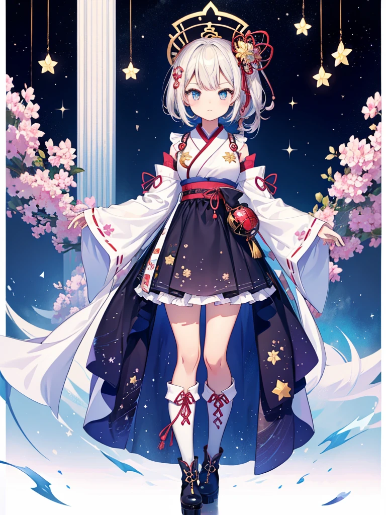 1girl、vtuber-fullbody、Star Fairy、Masterpiece、Official Art、Super detailed、super beautiful、かわいいStar Fairy、white straight short hair、Milky Way、universe、star charm、Star、Baby Face、Knee-high boots、Japanese pattern dress、A beautiful girl wearing black and white clothes that are a remake of a yukata.、universeを思わせるOiranフリルドレス、Oiran