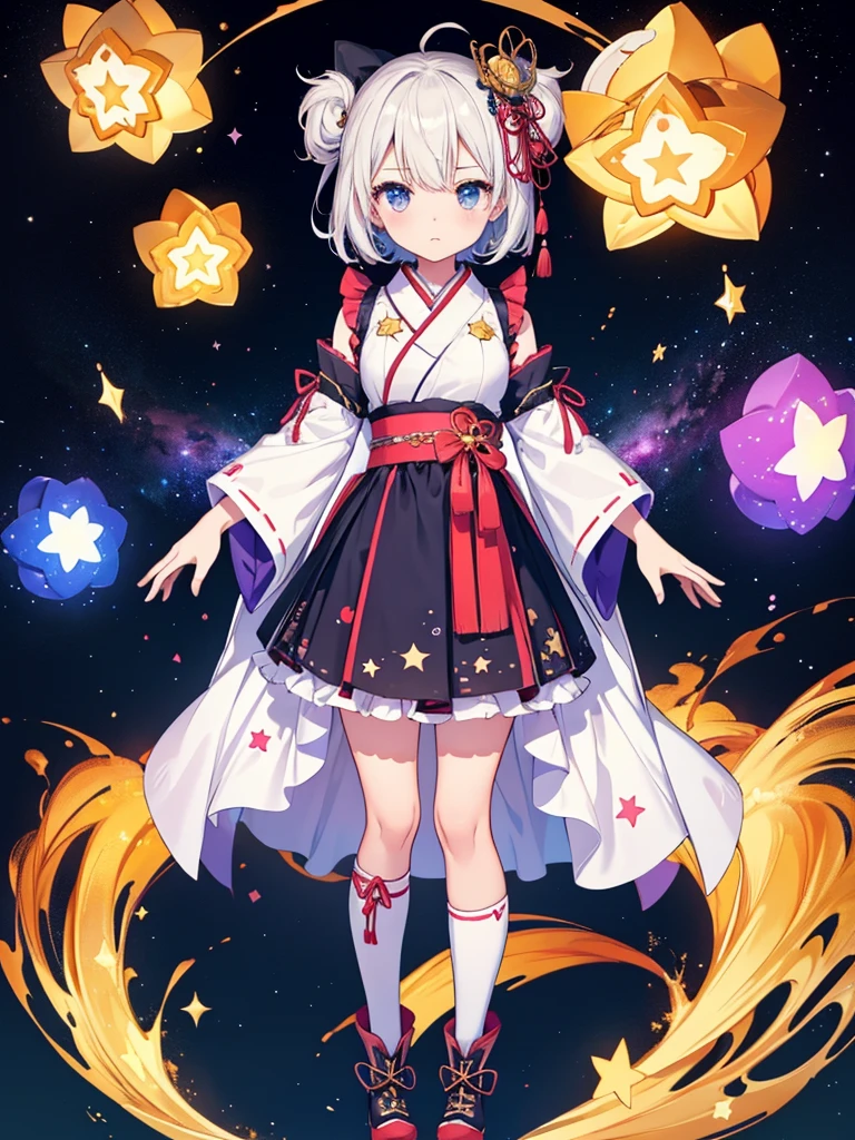 1girl、vtuber-fullbody、Star Fairy、Masterpiece、Official Art、Super detailed、super beautiful、かわいいStar Fairy、white straight short hair、Milky Way、universe、star charm、Star、Baby Face、Knee-high boots、Japanese pattern dress、A beautiful girl wearing black and white clothes that are a remake of a yukata.、universeを思わせるOiranフリルドレス、Oiran