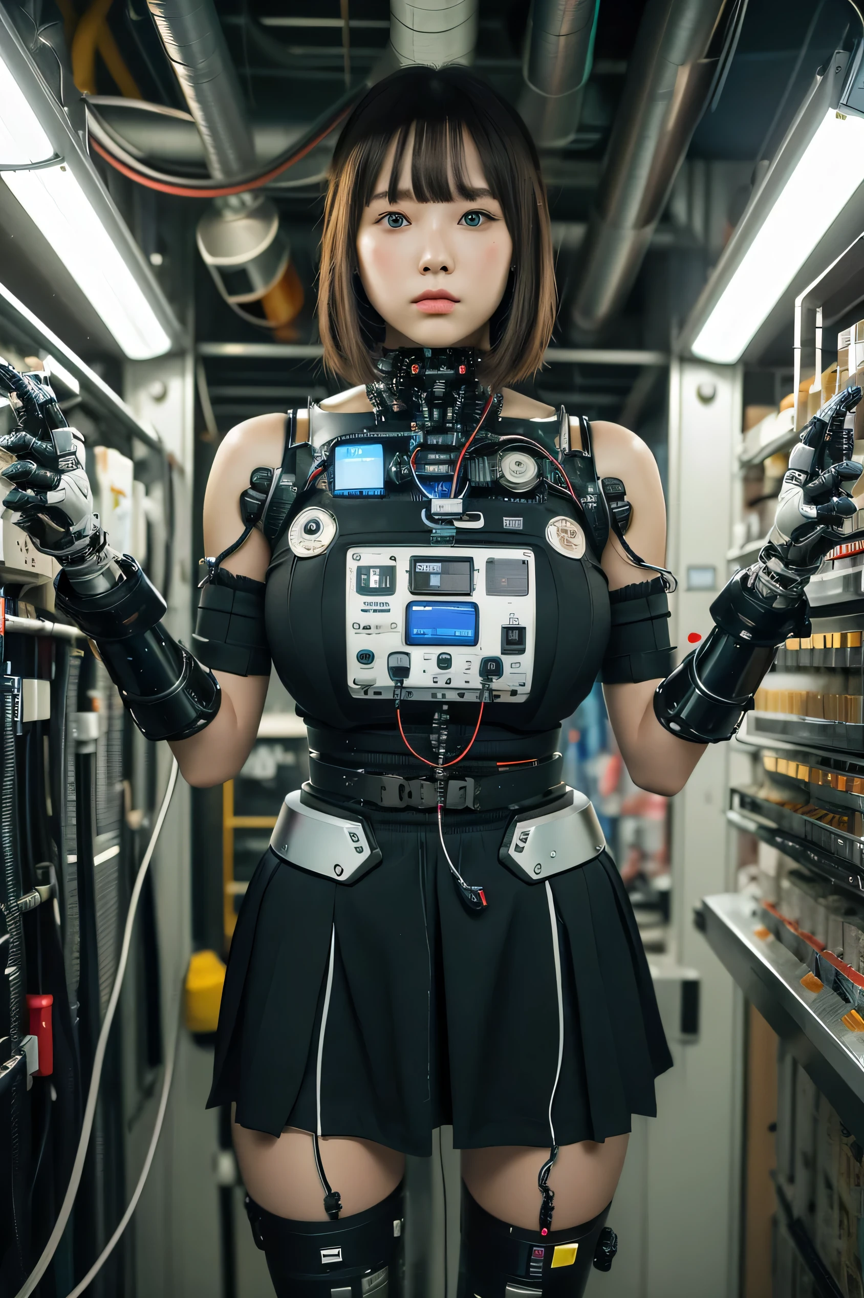 masterpiece, best quality, extremely detailed, Japaese android girl,portrait,Plump,a bit chubby,control panels,android,Droid,Mechanical Hand, Robot arms and legs,Blunt bangs,perfect robot girl,long tube,thick cable connected her neck,android,robot,humanoid,cyborg,future laboratory,robot laboratory,maintenance,connecting a cable between the legs,skirt, She is charging now,blue eyes,