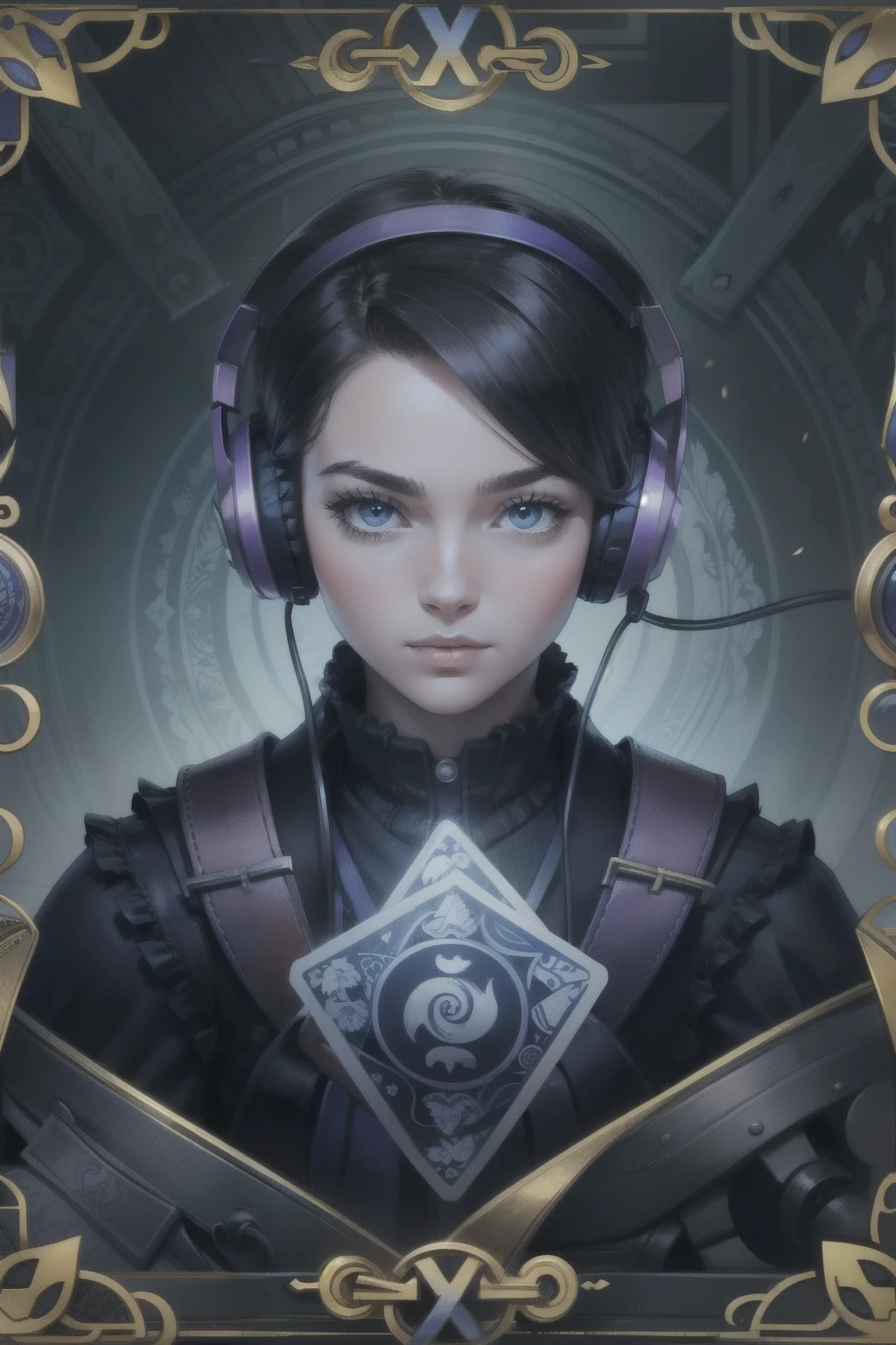 Intricate, symmetrical pattern for a playing card back, featuring blue and purple color palette, a gamer with headset portrait