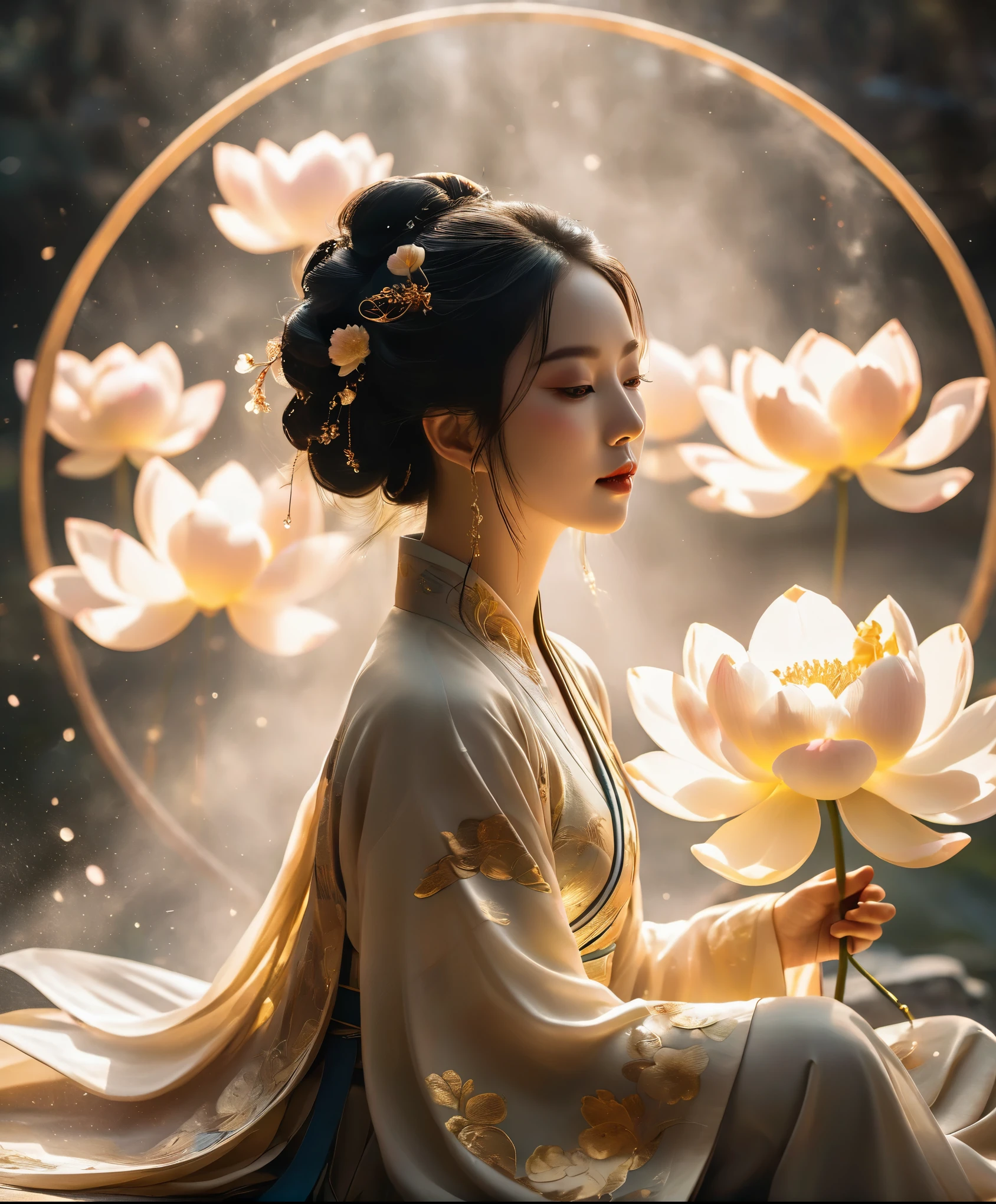 lotus pose，Vibrant rim light, In a country full of magic, Silhouette of a Chinese girl illuminated, Gorgeous and luxurious Hanfu，As if radiating light from the inside out, Floating elegantly in this fantasy space. mysterious clouds, shimmering gold and silver, surround her, Reminiscent of the immortals descending into the mortal world. in her slender hands, She holds a radiant peony in her hand, its glow contrasts with its shadow. The moment the petals dance in the wind, Cast a playful shadow, Beautifully immortalized by artists. Glowing lights and shimmering shadows dance around her body, Evoking the elegance of traditional ink painting, But the dynamic interplay of light and dark. This masterpiece combines the vision of a modern artist, Use the brilliance of Hanfu to highlight the strong dramatic effect of light and shadow, Produce extremely abstract and bright artwork. luxury, avant-garde, chic, editorial, magazine style, professional, intricate details, ambient lighting, rake light., bright rim light, high contrast, bold rim light