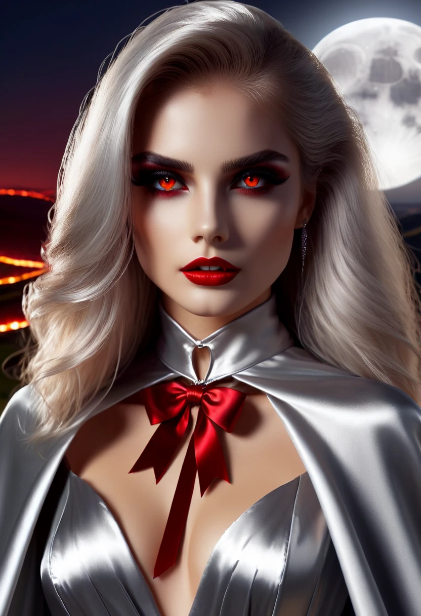 Vampyfangs(RAW Photo) , (highly detailed:1.20) , ultra realistic :1.10) ,sexy girl in her 20s , (perfect face:1.20) , (detailed red eyes:1.20) , with long silver hair in ponytail , (((long silver satin cape tied at the neck with a ribbon :1.20))) , naked  , full body, standing on windy hilltop at night , full moon , high-quality ultra realistic style, detailed eyes, professional, expressive , 8K , highly detailed , professional,