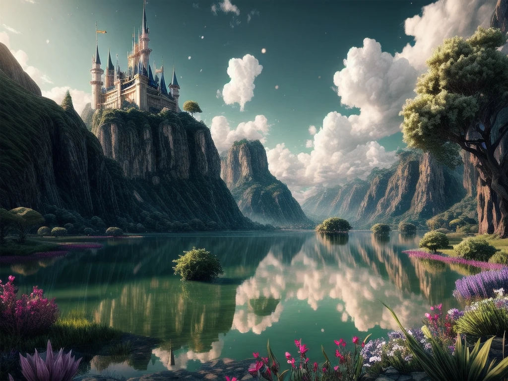 Epic CG matte painting, wide view, Pale green clouds, Disney's Castle, garden full of flowers on the clouds, a few drops of water, falling from the clouds, A sea of pale green roses, HD Images, Unreal engine, ArtStation 4k HD trend  