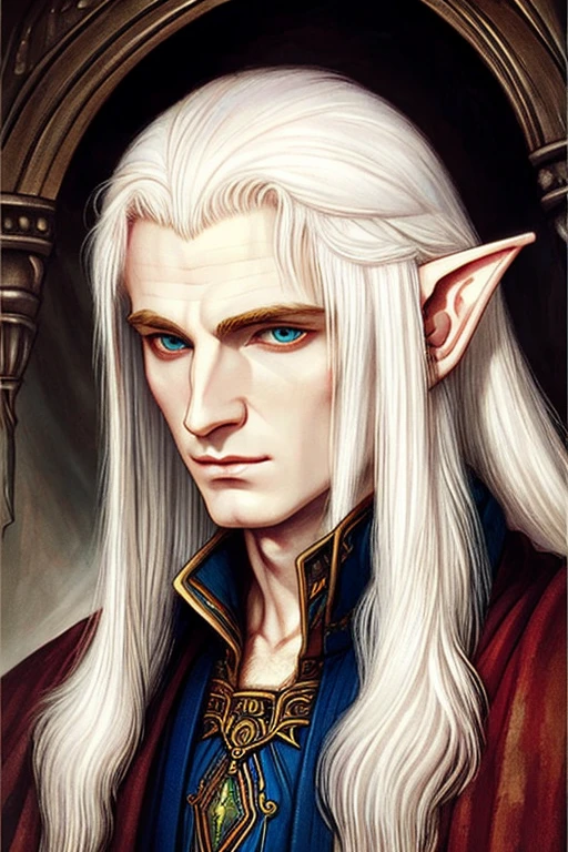 ((best quality)),masterpiece ,detailed, perfect face, painting style, elf, medieval fantasy, White hair, Wizard, Extremely pale skin, Mystic, no facial hair, no beard, youg, elf ear