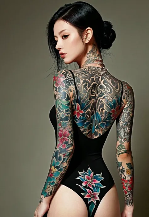 tattoo on body、Woman in a bodysuit, Full Body Tattoo, Complex body, Body covered with floral tattoos, Full body tattoos, Full Bo...