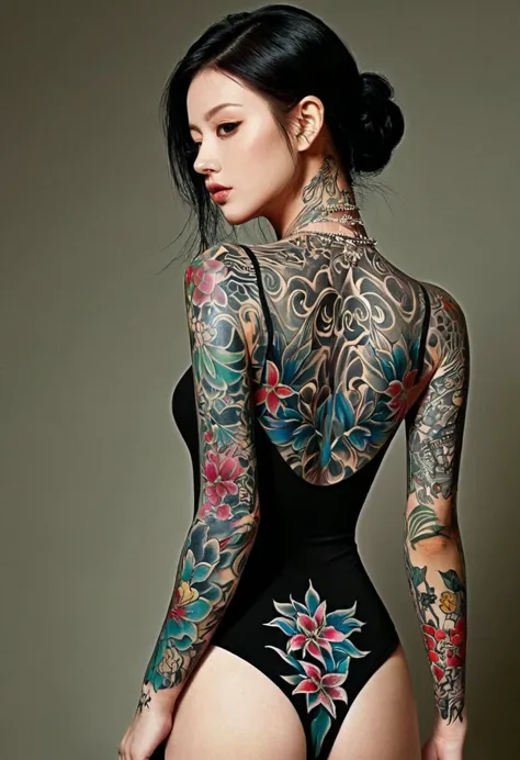 tattoo on body、woman in a bodysuit, full body tattoo, complex body, body covered with floral tattoos, full body tattoos, full bo...