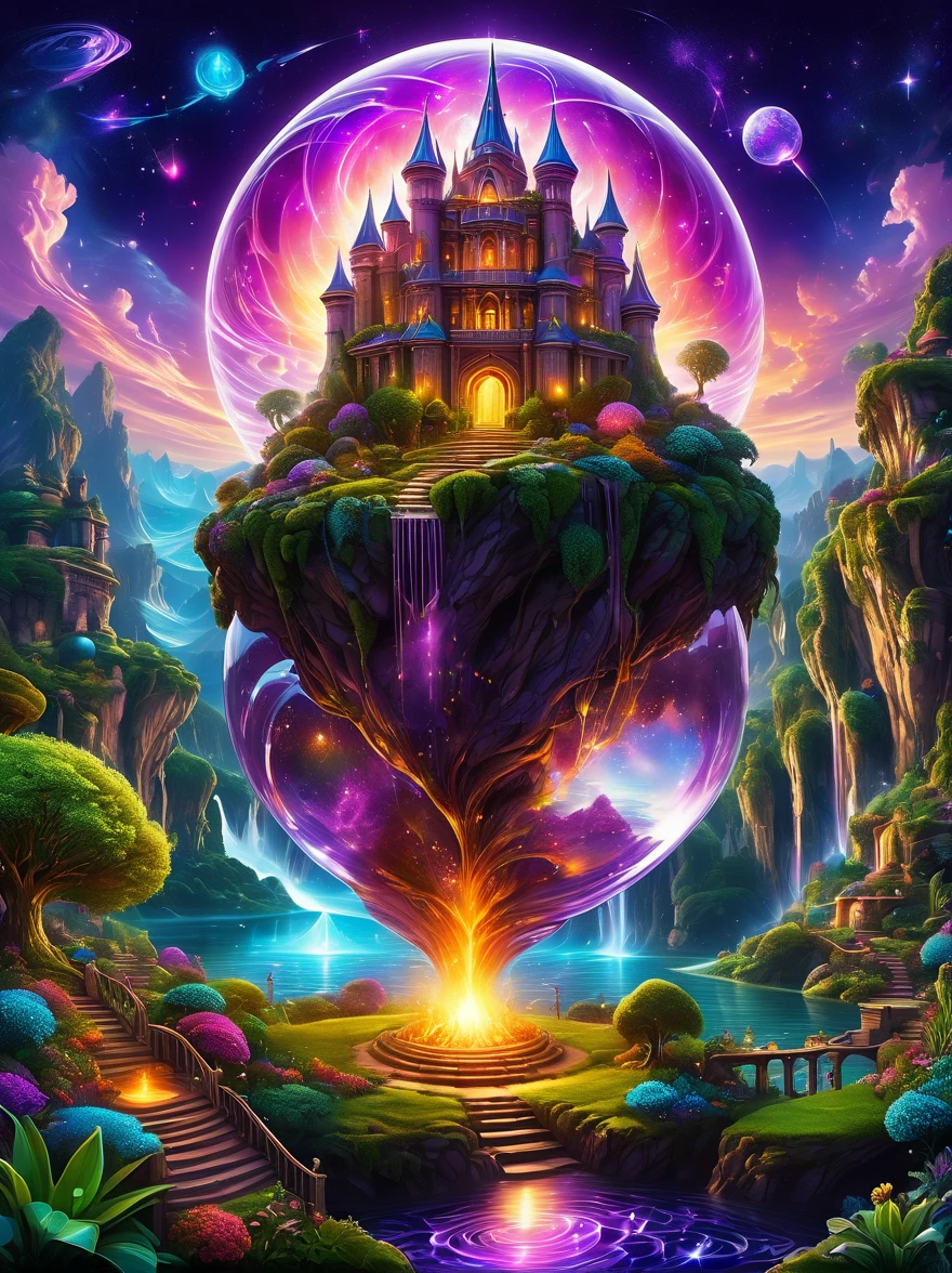 Magical World，Ancient and mysterious castle，(Purple Bonfire:1.5)，gemstone decoration，glowing plant，Silver Creek，Colored clouds，Strange creatures，Huge magic library，Rich collection of Bookagic waves，Crystal Ball，distant galaxy，Field of magic，Learning Magician，Glowing magic symbol，A land of dreams，Time and space distortion，River of Light，Magic Garden, Ultra wide angle, Upward view, Knee strikes(Xx), full length shot(FLS), High Detail, high resolution, Super quality, detailed, Surrealism, 