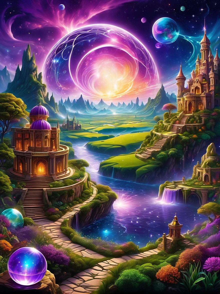 Magical World，Ancient and mysterious castle，(Purple Bonfire:1.5)，gemstone decoration，glowing plant，Silver Creek，Colored clouds，Strange creatures，Huge magic library，Rich collection of Bookagic waves，Crystal Ball，distant galaxy，Field of magic，Learning Magician，Glowing magic symbol，A land of dreams，Time and space distortion，River of Light，Magic Garden, Ultra wide angle, Upward view, Knee strikes(Xx), full length shot(FLS), High Detail, high resolution, Super quality, detailed, Surrealism, 