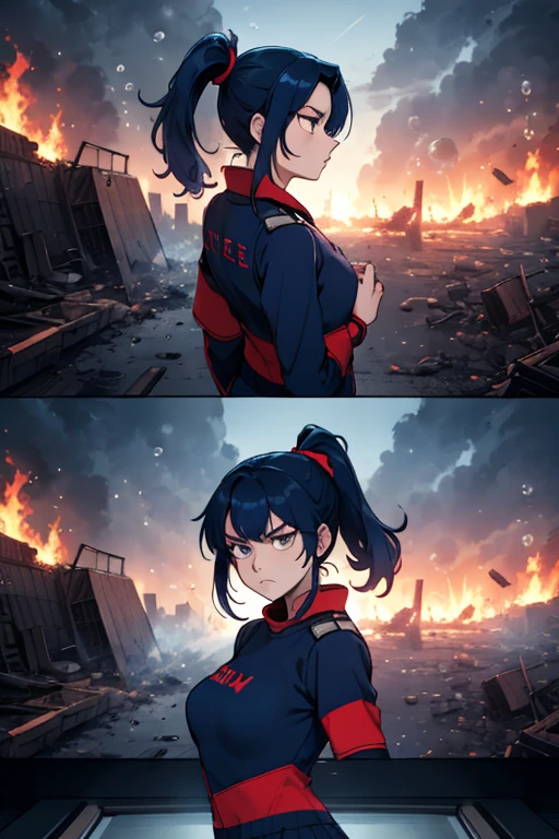 masterpiece, highest quality, Bubble, Blue clothes, Navy blue hair ponytail, Pretty face, Extremely detailed, Intense expression, Fighting Pose, Destroyed city, A distant fire, Rising Smoke, 