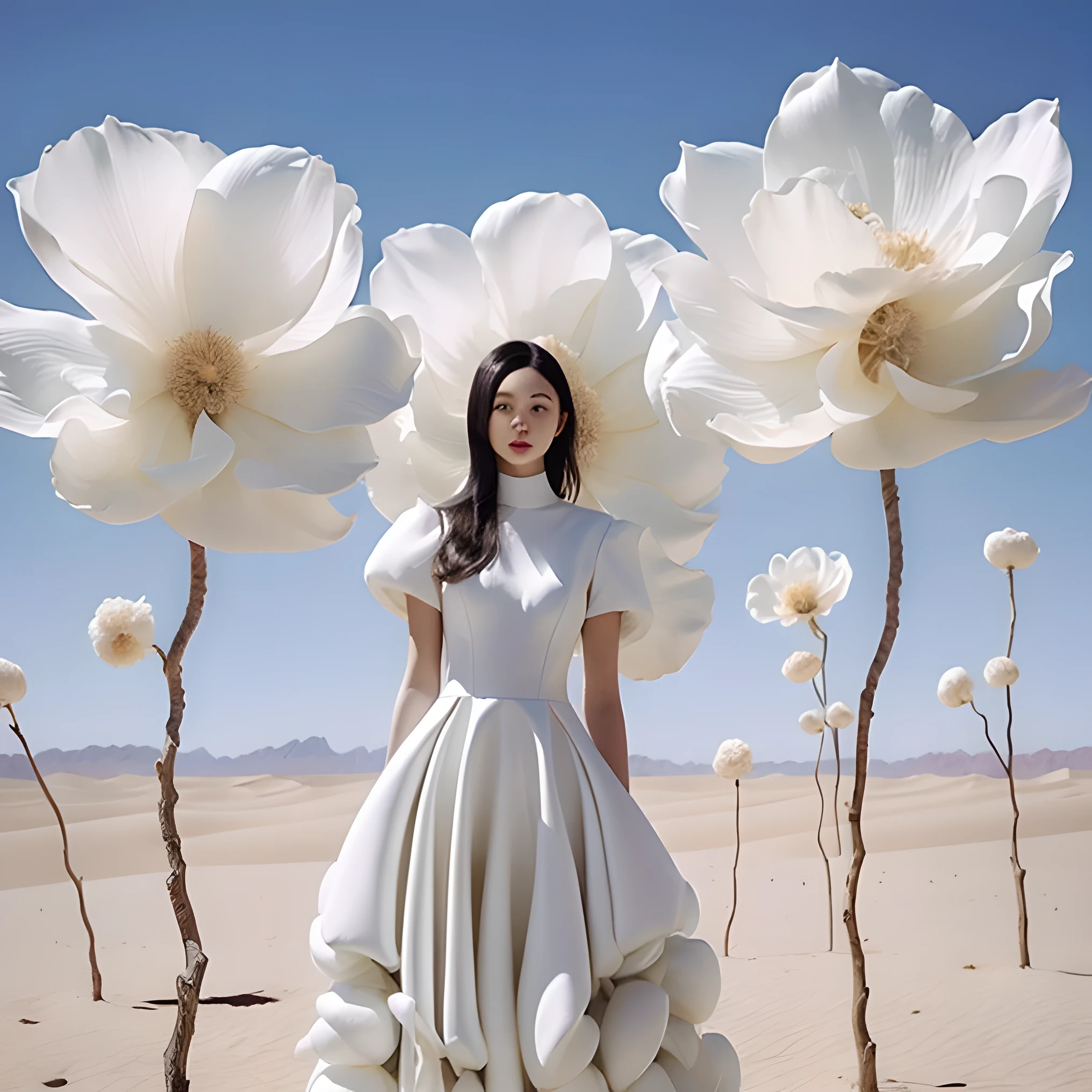 A girl，dress，individual，White skirt，Black Hair，Flowers，Arms on both sides，Looking at the audience，
Blue sky，Standing，Short sleeve，Sky，outdoor，Long hair floats up