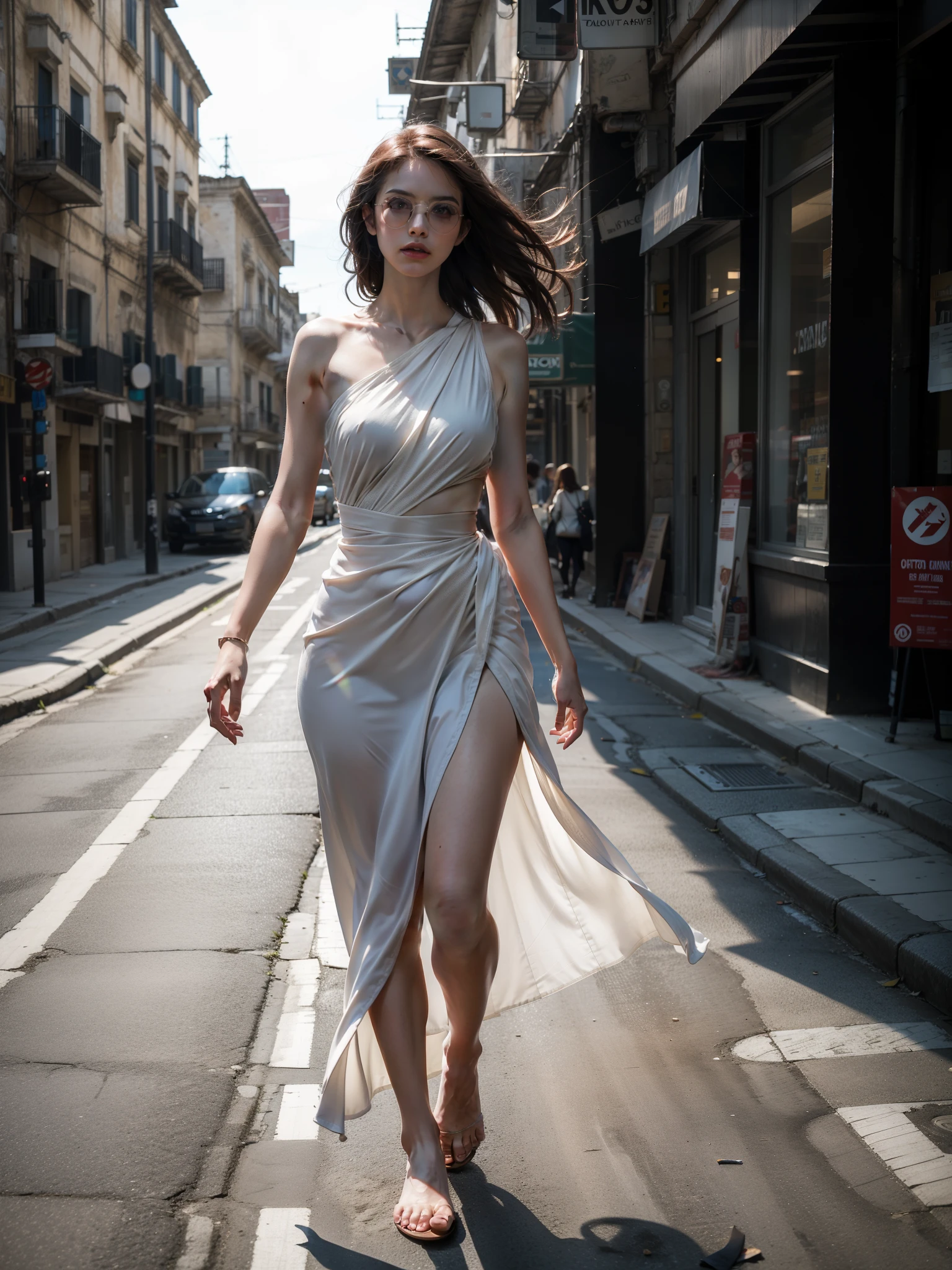 Ultrarrealista, tiro de cuerpo completo, Pies descalzos, pelo rojo suelto al viento, La foto sin editar revela una magistral toma de cuerpo completo de una mujer étnica con gafas de sol.. Su pequeño pecho está elegantemente oculto por un vestido blanco de encaje rasgado., que acentúa su cintura. La resolución más alta captura cada detalle de sus glamurosas curvas., caderas trapezoidales enormemente anchas, aumentando el atractivo de la imagen fotorrealista en el ámbito de la fotografía editorial. ((([en la ciudad de Matera]))), refracción de la luz atmosférica，foto de lee jeffries，Foto de stock de película nikon d850 4 cámara Kodak portra 400 f1.6 tiros，colores ricos，textura realista hiperrealista，iluminación dramática，Tendencia del motor irreal en artstation cinestill 800, (SÍ NSFW), ángulo bajo, manos realistas