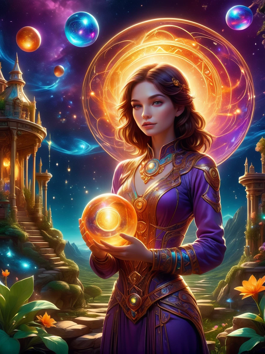 Magical World, (1 Girl trapped in a cosmic vortex nebula:1.5), Rendered with the Cosmic Beach Swirl engine, (Detailed facial features), (Beautiful facial features), Ancient and mysterious castle, Purple Stone, gemstone decoration, glowing plant, Silver Creek, colored clouds, Strange Creatures, Huge magic library, Rich book collection, Magic fluctuations, Crystal Ball, Distant galaxies, Field of magic, A female magician who studies magic, (Glowing magic symbol), Dreamland, Time and space distortion, River of Light, (Enchanted Garden), Ultra-wide lens, Bottom view, Knee Shot(KS), Full body shot(FLS), high resolution, Ultra-high quality, detailed, volumetric lighting, spectacular, ambient lights, light pollution, Movie atmosphere, art nouveau style, Illustration Artwork by SenseiJaye, Intricate details, High Detail, Hyperrealism, anatomically correct, 8k