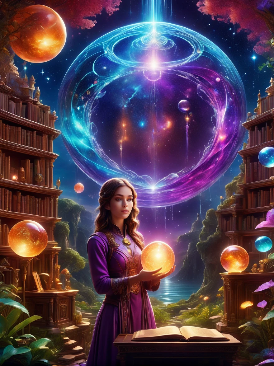 마법의 세계, (1 우주 소용돌이 성운에 갇힌 소녀:1.5), Cosmic Beach Swirl 엔진으로 렌더링, (상세한 얼굴 특징), (아름다운 얼굴 특징), 고대와 신비한 성, 보라색 돌, 보석 장식, 빛나는 식물, 실버 크릭, 색깔의 구름, 이상한 생물, 거대한 마법 도서관, 풍부한 도서 컬렉션, 마법의 변동, 수정구슬, 먼 은하계, 마법의 분야, 마술을 연구하는 여성 마술사, (빛나는 마법의 상징), 꿈나라, 시간과 공간 왜곡, 빛의 강, (마법에 걸린 정원), 초광각 렌즈, 아래에서 보는 풍경, 무릎에 총을 맞았다(캔사스), 전신샷(fls), 높은 해상도, 초고품질, 상세한, 체적 조명, 장관의, 주변 조명, 빛 공해, 영화 분위기, 아르누보 스타일, SenseiJaye의 일러스트레이션 작품, 복잡한 세부 사항, 높은 디테일, 초현실주의, 해부학적으로 정확하다, 8K