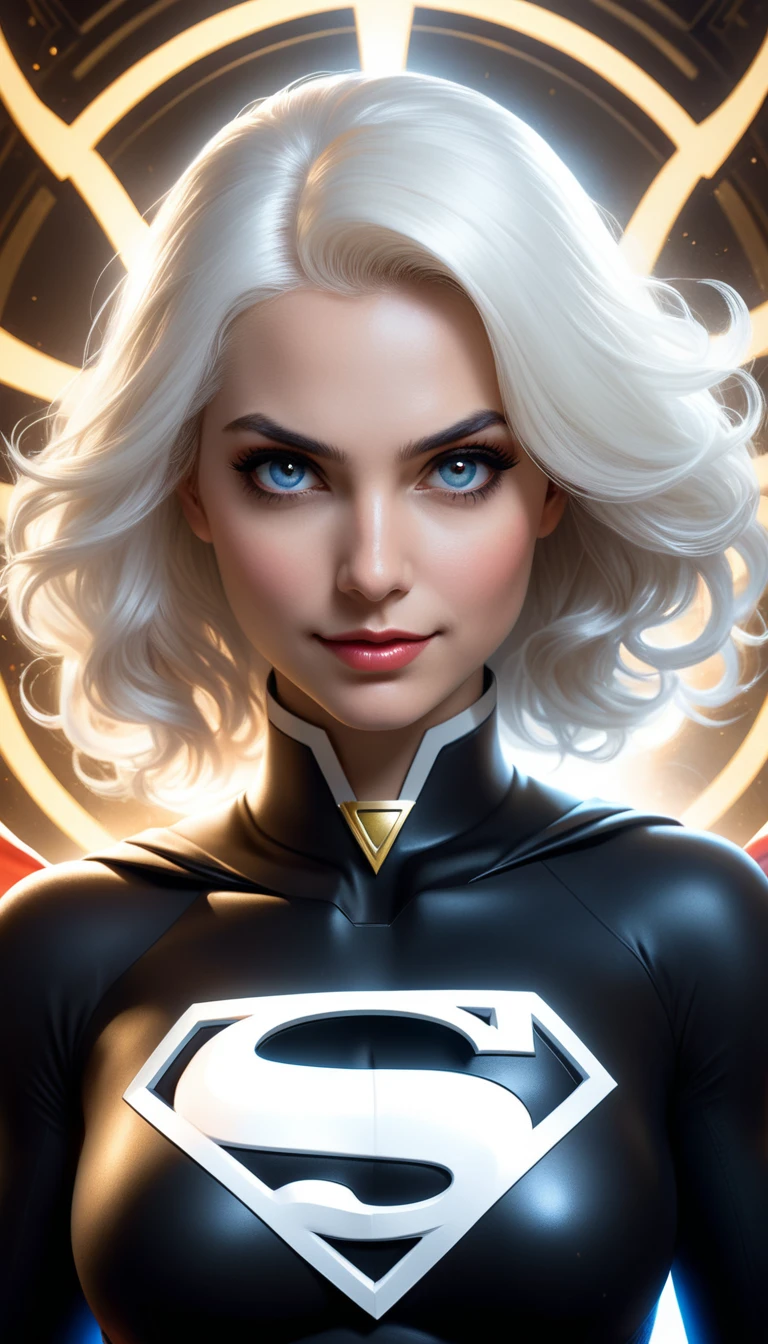 young white woman slim pale, white hair, black superman uniform, golden details, white cover, superhero art, full body, cover, choker, hyper-detailed painting, luminism, bar lighting, complex, supergirl,  Comic cover style,(masterpiece, best quality:1.4), (beautiful, perfect, delicate, detailed, intricate, aesthetic:1.2), cinematic shot, natural light, light particles, sunlight, atmospheric, vivid colors, (depth of field:1.4), 4k resolution concept art portrait by Greg Rutkowski, Artgerm, WLOP, Alphonse Mucha, small fusion realistic gothic pojatti, bioluminescent fractal isometric details, looking at viewer, (perfect face, detailed face, eyeliner, glossy lips), smiling, magazine cover, (highly detailed:1.2). By DL ⭕