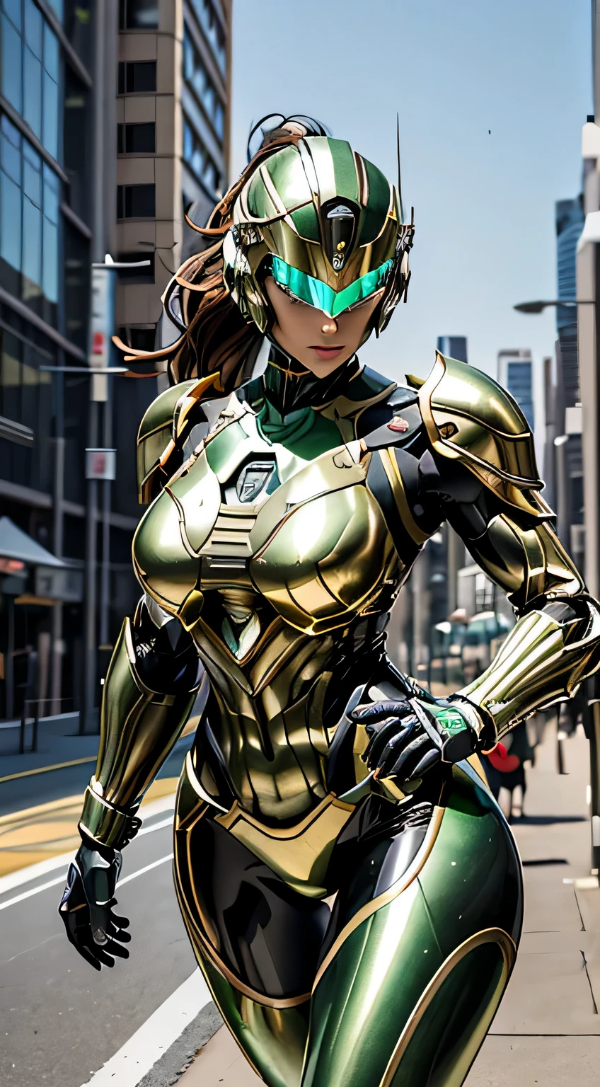 Female Robocop Solo、bright outdoors、strong light source、8K, high quality, masterpiece, 最high quality、very detailed、Armor that completely covers the whole body、very large armor、Helmet covering the head、clear pictures、The eyes are hidden by thin, straight goggles:1.3、The lower half of the face is raw:1.5、The lower half of the face is exposed、Luscious lips、Light green metallic armor with gold lines、Armor that completely covers the chest、Long, slender legs、Vibrant posel body view,Big and ample breasts:1.5, (Sports Body:1.5)、Five Fingers、Photos in the city