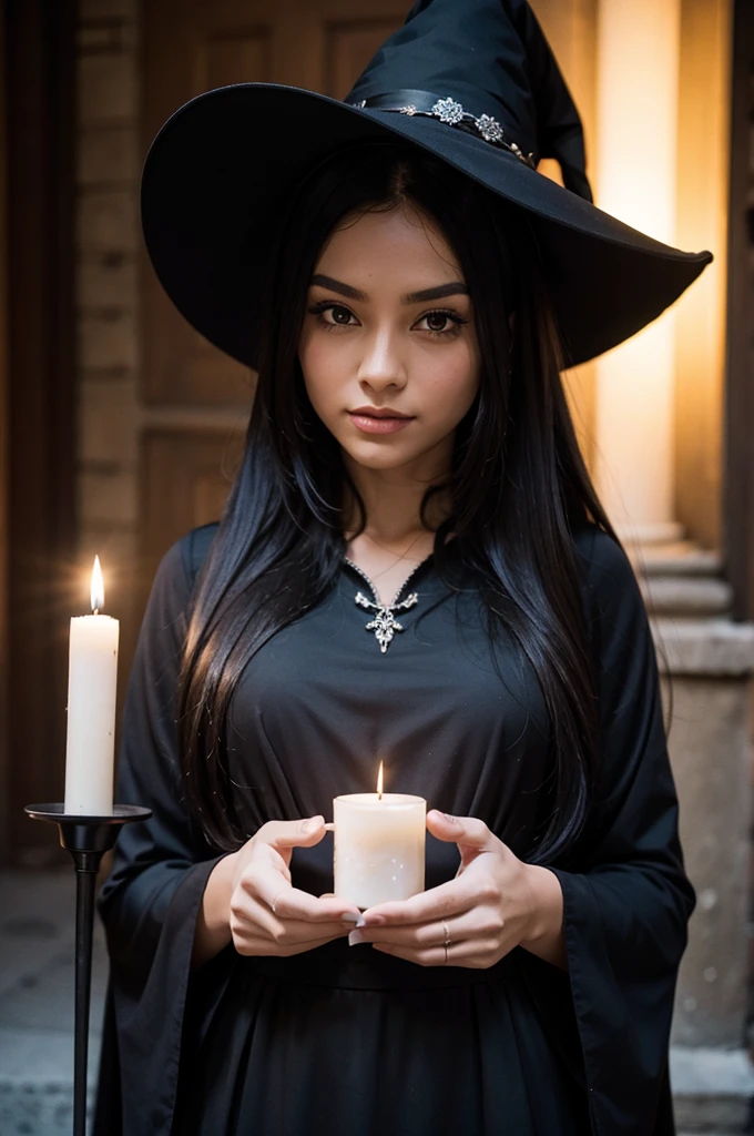 hermoso detalle, mejor calidad, 8K, Textura de cara y piel muy detallada., Alta resolución, hermosa chica de pelo largo negro con vestido largo negro y sombrero de bruja en la ciudad gótica por la noche, bajo la luz de las velas, enfoque nítido