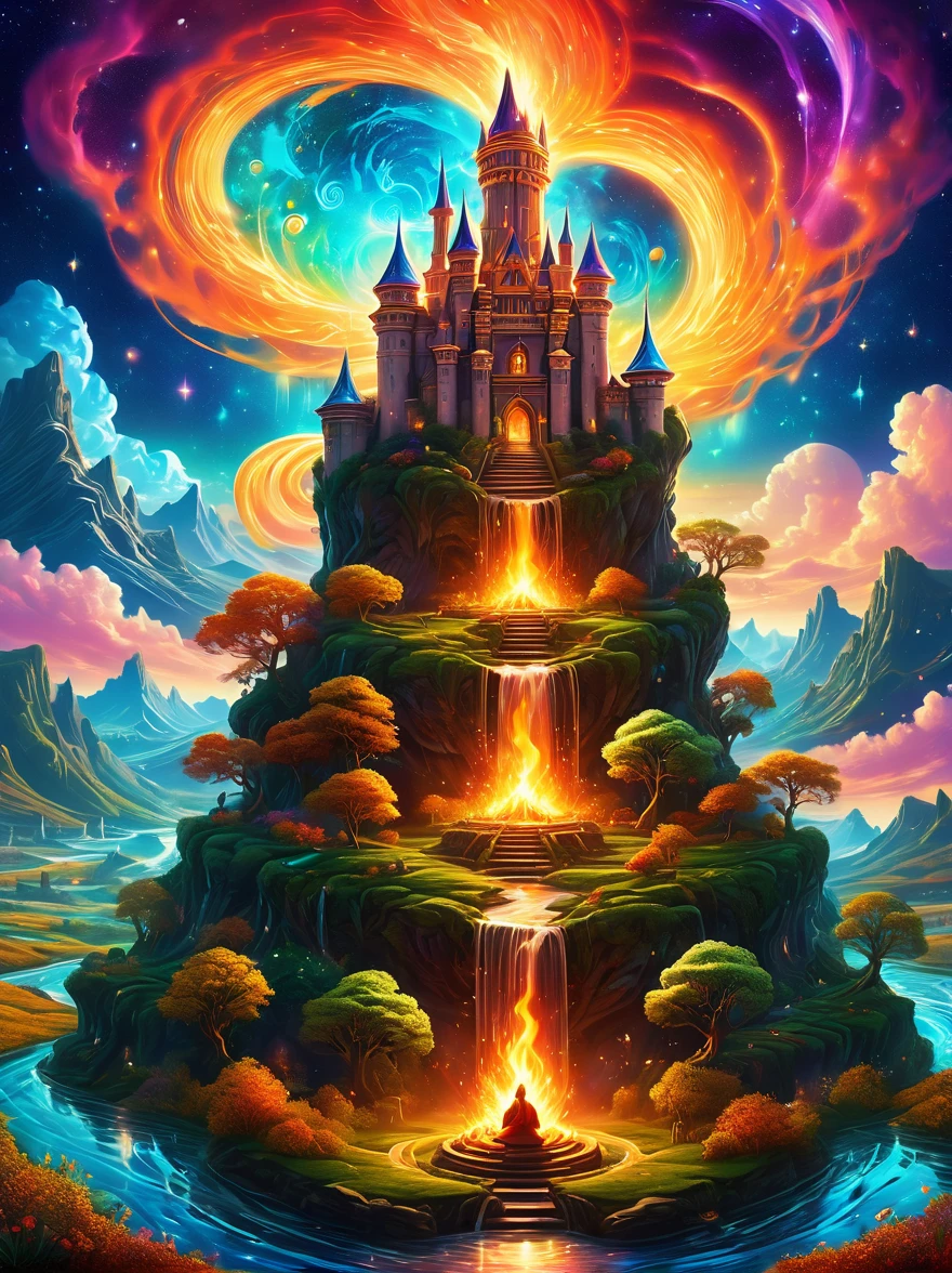 Magical World，Ancient and mysterious castle，(紫色bonfire:1.5)，gemstone decoration，glowing plant，Silver Creek，Colored clouds，Strange creatures，Huge magic library，Rich collection of Bookagic waves，(bonfire:1.6)，distant galaxy，Field of magic，Learning Magician，Glowing magic symbol，A land of dreams，Time and space distortion，River of Light，Magic Garden, Ultra wide angle, Upward view, Knee strikes(Xx), full length shot(FLS), High Detail, high resolution, Super quality, detailed, Surrealism,